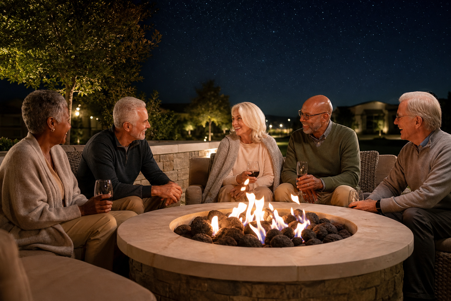 Adults ages 55+ gathered around an outdoor fire pit in the evening, enjoying conversation and social activities in a retirement lifestyle community.