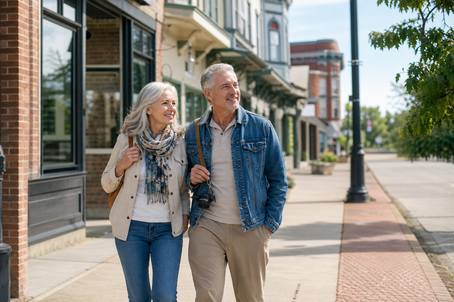 Mature couple exploring a walkable downtown neighborhood during an area recon trip, researching lifestyle and relocation destinations.