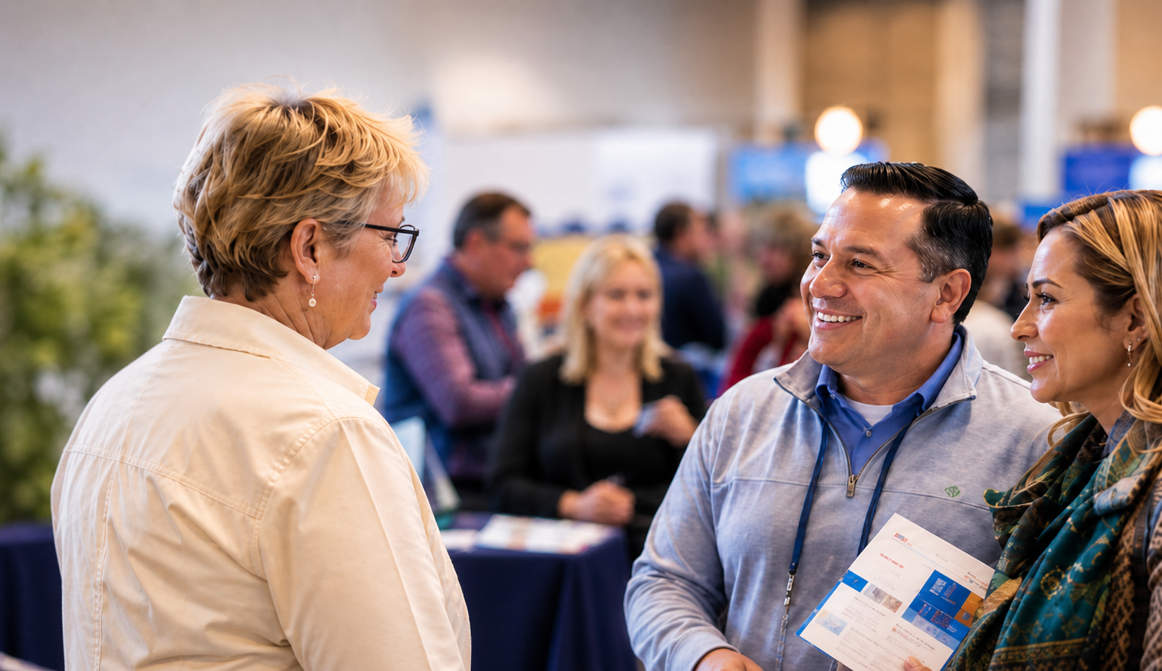 Attendees speaking with a community representative at the Best Places Expo while exploring places to live and retire