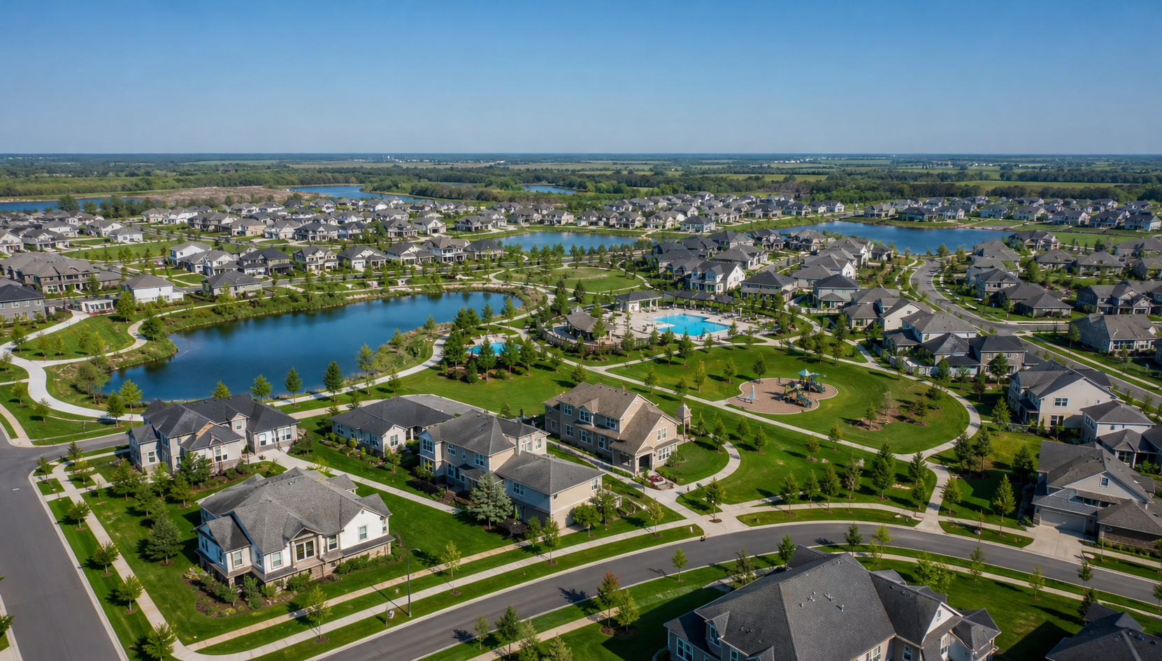 Aerial view of a master-planned community featuring residential homes, scenic lakes, swimming pools, walking trails, and landscaped green spaces.