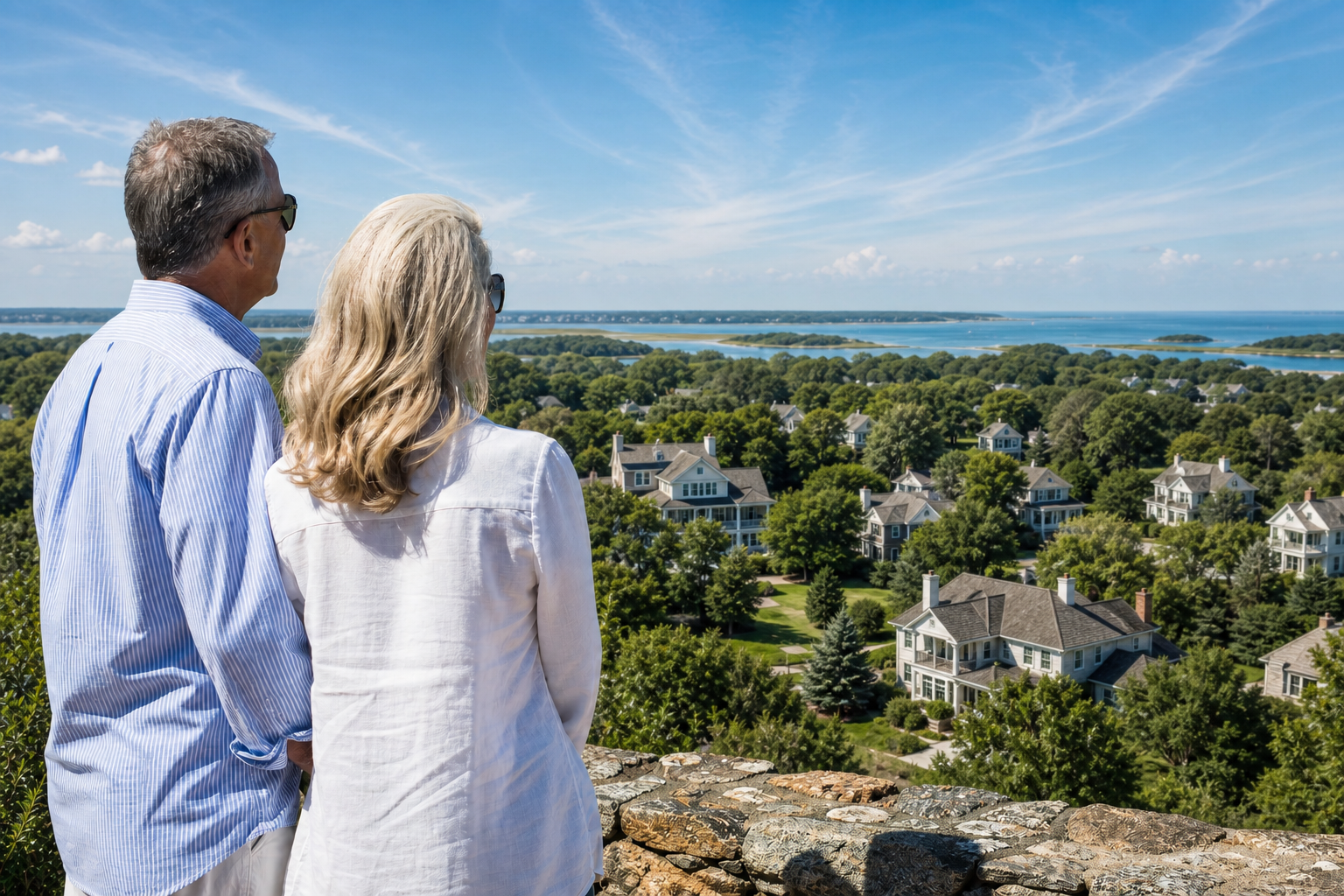 Couple overlooking a coastal community while comparing retirement states and places to live