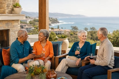 Affluent Couples Relaxing on Coastal Outdoor Living Space