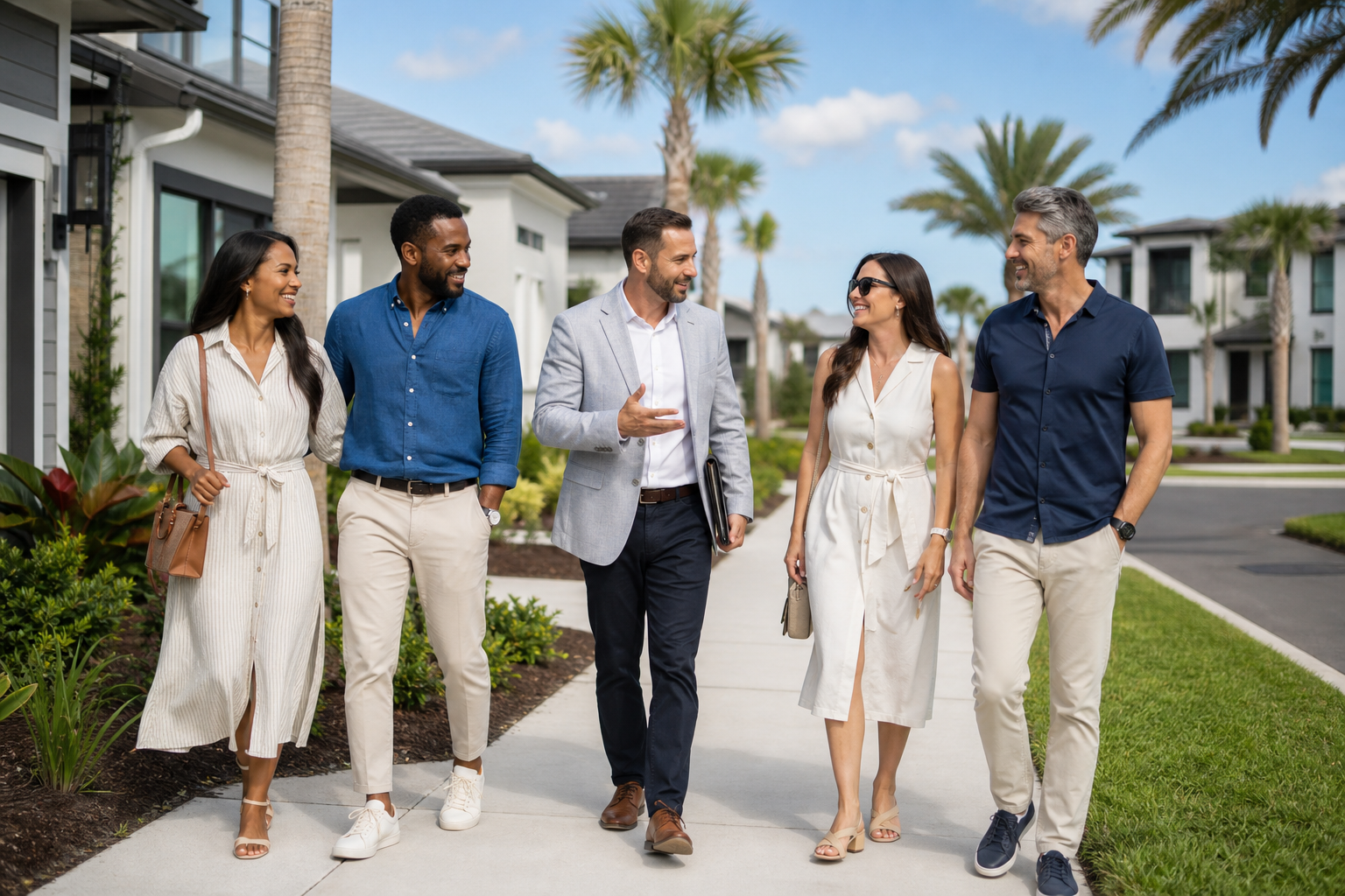 Friends age 55 and older touring a residential community together while exploring options for retiring near each other.