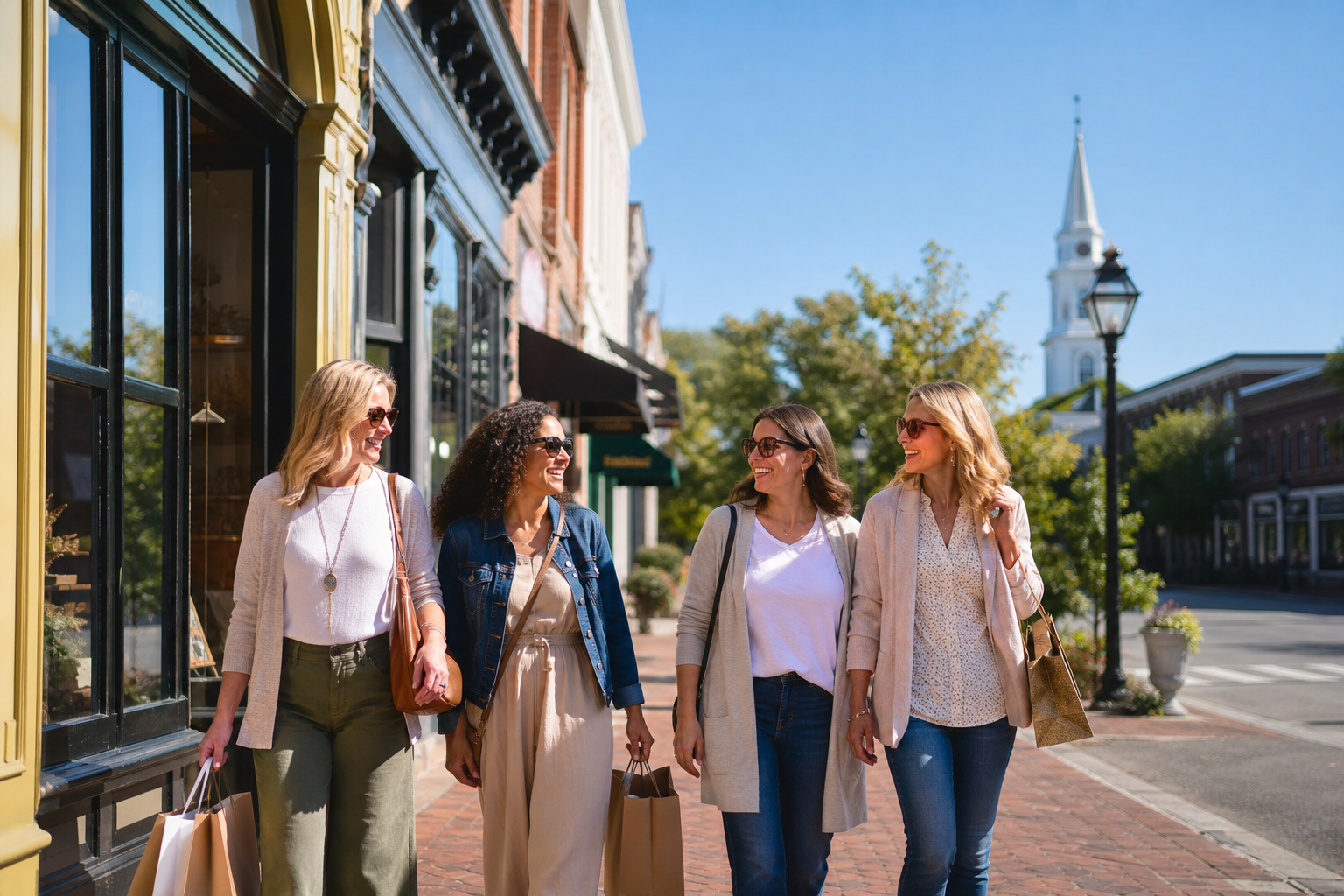 Friends age 55 and older enjoying a walk together through a vibrant, walkable community during retirement.
