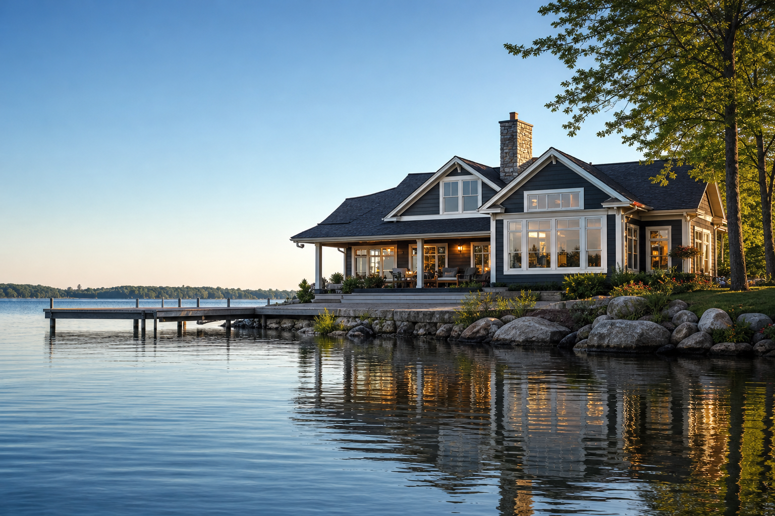 Luxury lakefront second home with private dock and scenic water views, representing U.S. second-home destinations and lifestyle relocation options.