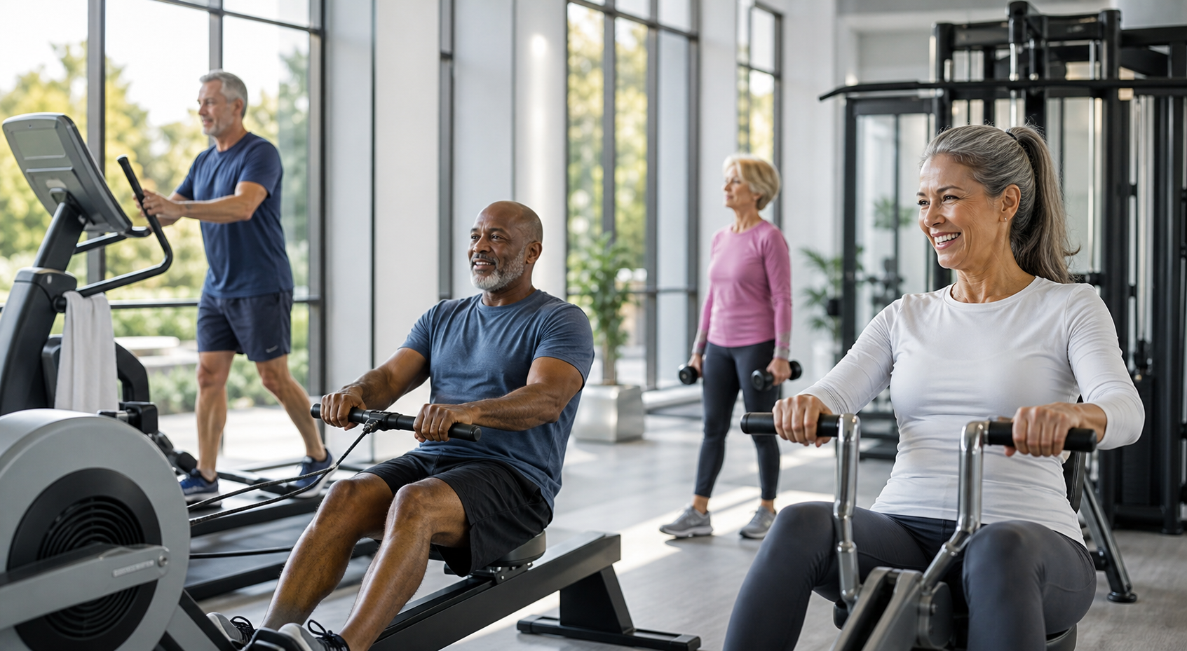 Adults ages 50+ exercising in a clean, modern fitness center, highlighting wellness amenities and active lifestyles in a residential community.