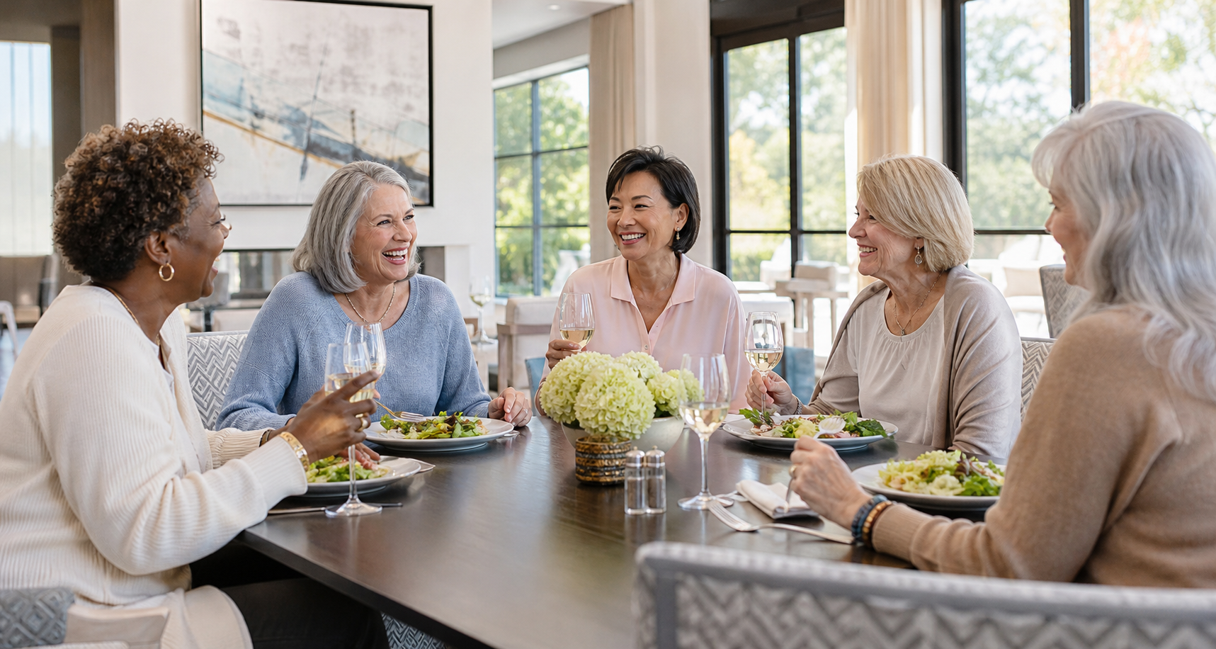 Five active adult women enjoying lunch and socializing in an upscale community dining area, highlighting the social lifestyle and amenities of 55+ communities.