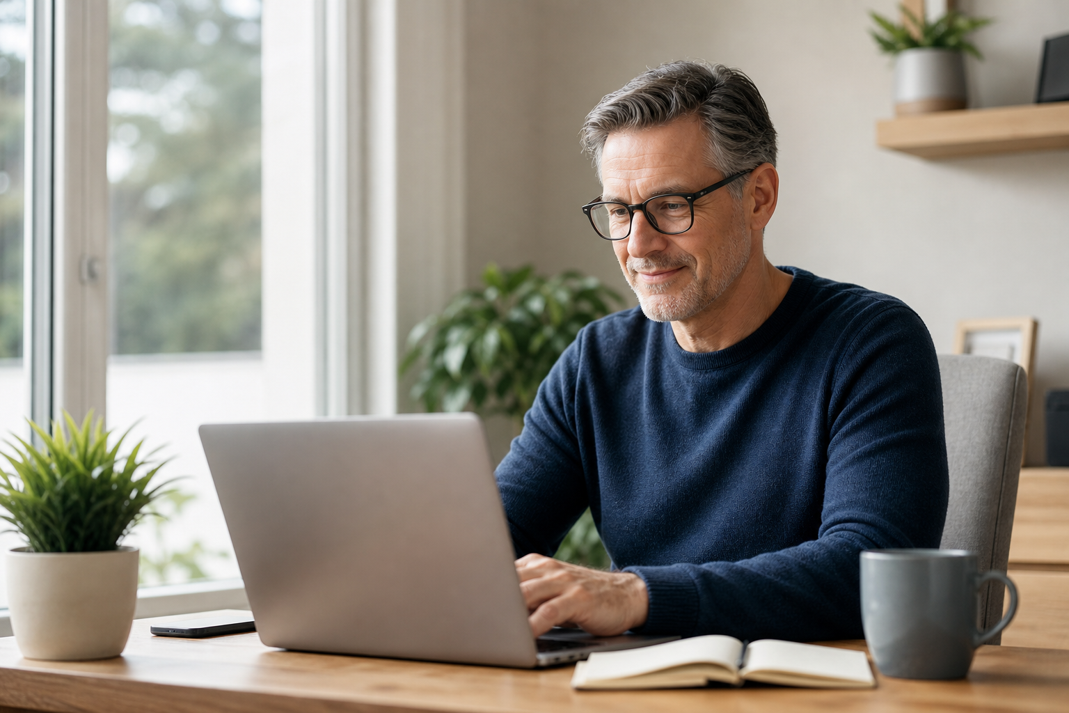 Mature professional working remotely on a laptop in a bright home office, illustrating remote work-friendly communities and lifestyle-based relocation.