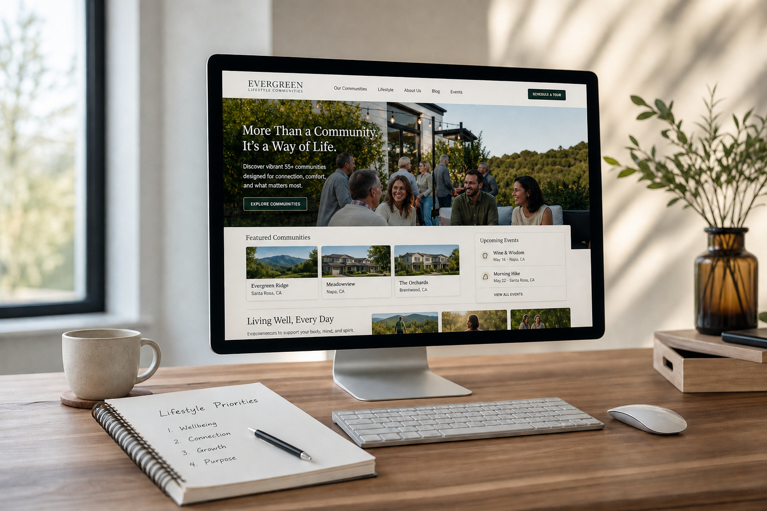 Lifestyle community search website displayed on a desktop computer alongside a list of personal priorities, highlighting online community discovery and lifestyle-based relocation planning.