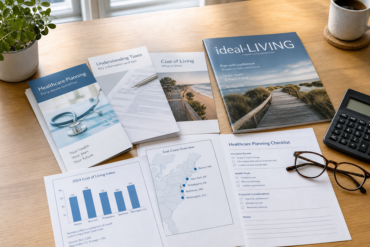 ideal-LIVING Magazine surrounded by healthcare planning guides, tax information, cost-of-living comparisons, and retirement relocation checklists on a desk.