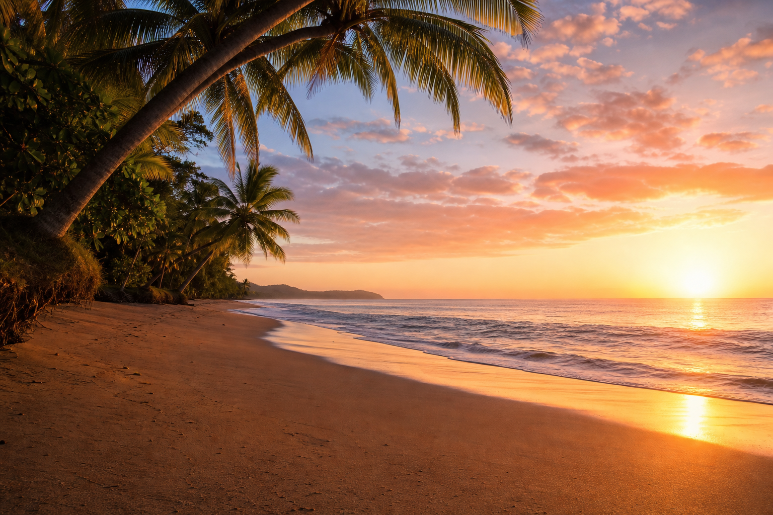 Tropical beach at sunset with palm trees, representing international destinations for Americans looking to live or retire abroad.