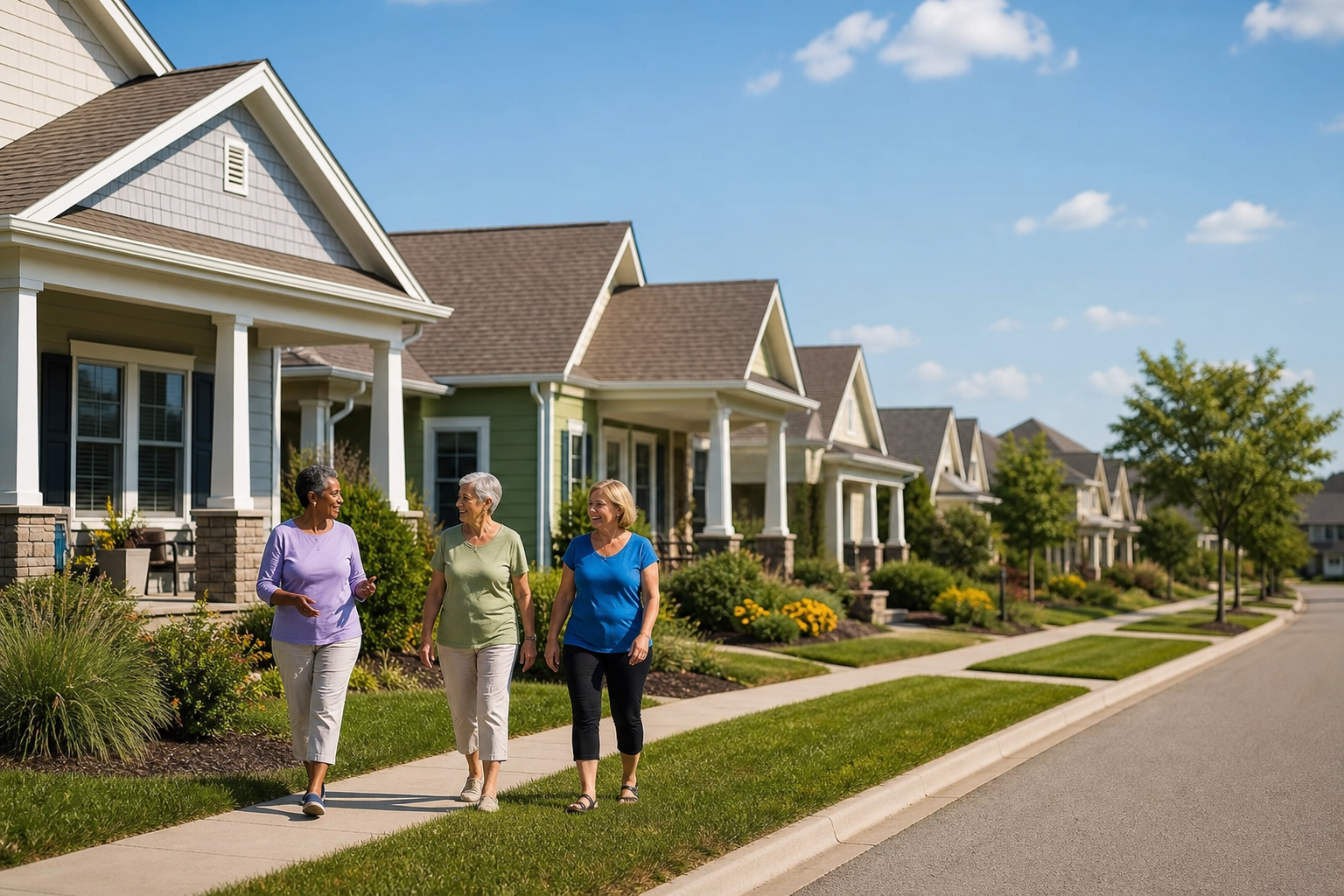 Adults walking through a 55+ community