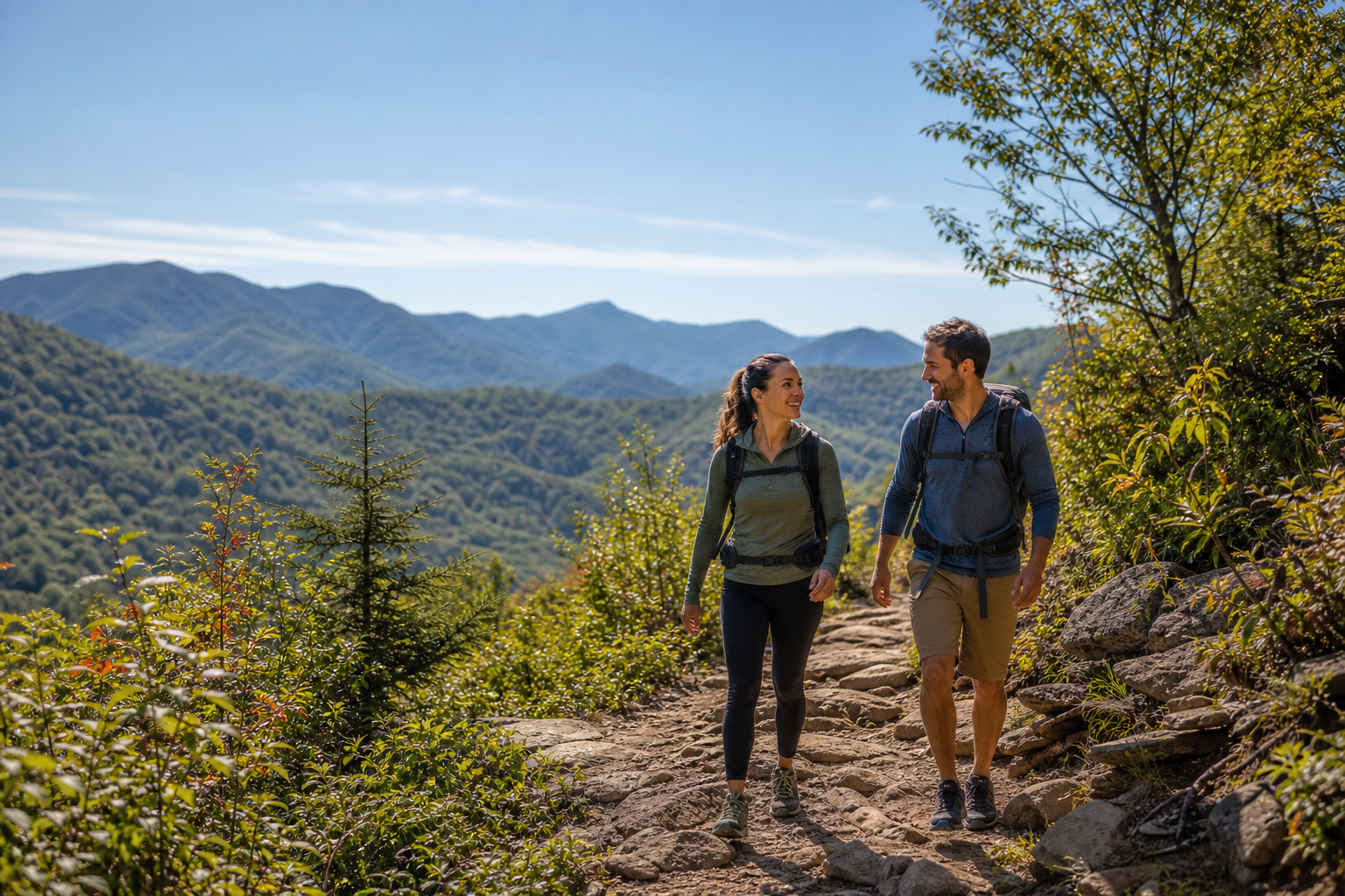 Couple hiking a mountain trail overlooking the Great Smoky Mountains
