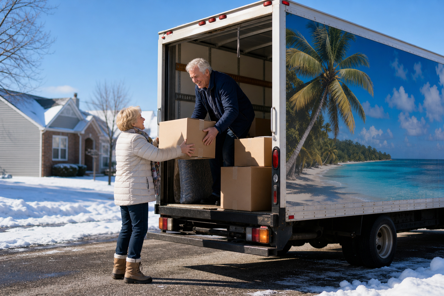 Couple ages 55+ loading a moving van in a snow-covered neighborhood, with sunny skies and palm trees pictured on the van, representing retirement relocation to a warmer climate.