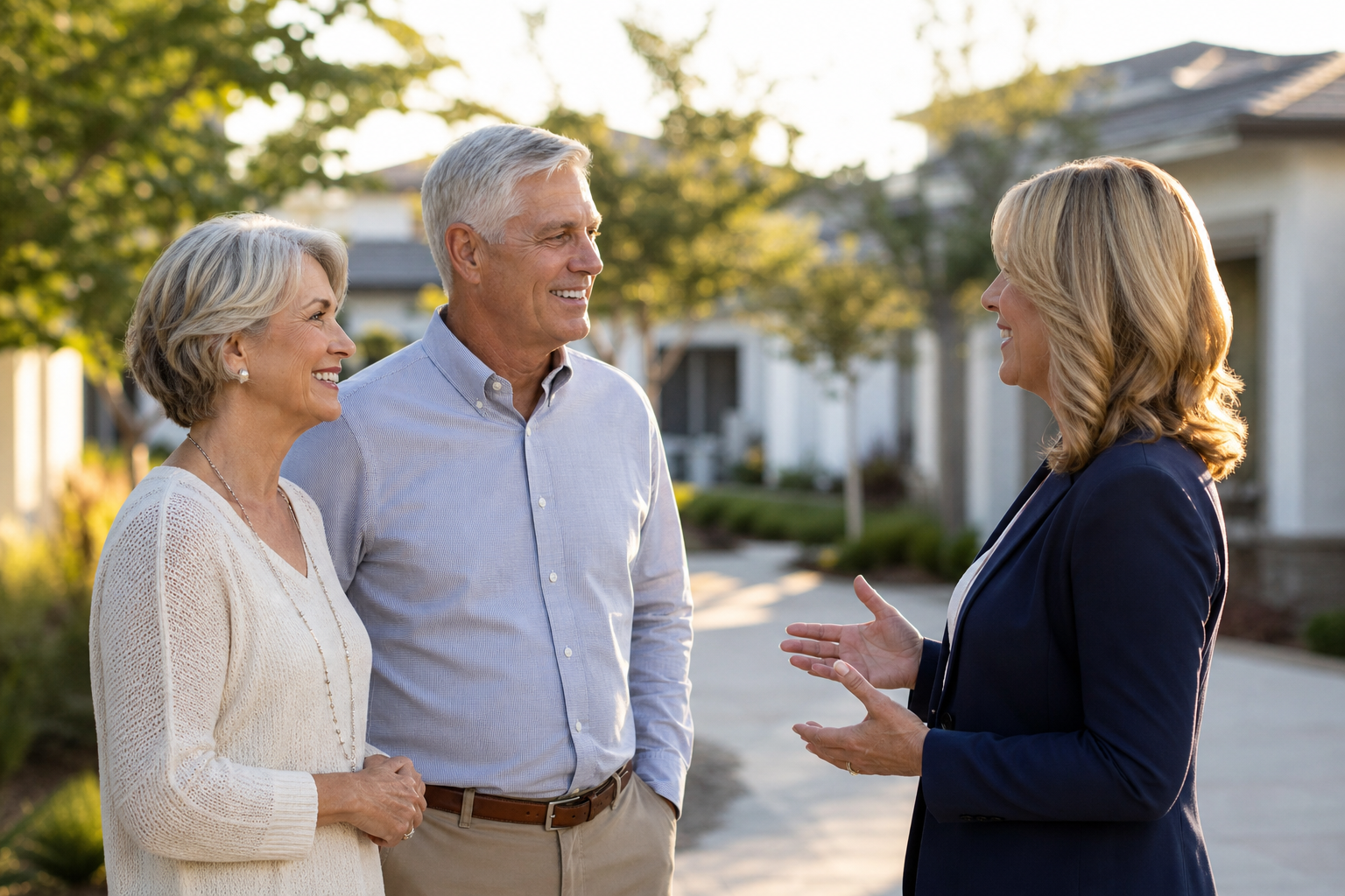 Adults meeting with a community advisor to explore and compare 55+ active adult residential communities.