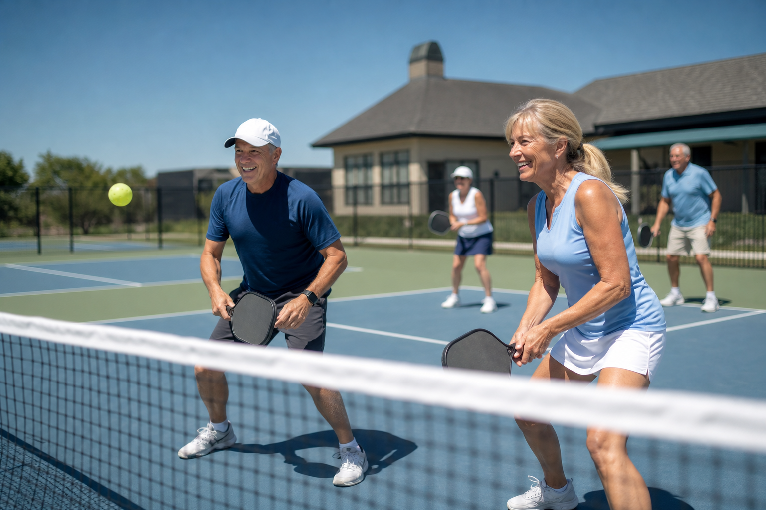 Active adults enjoying a game of pickleball at a 55+ community, highlighting recreational amenities, social activities, and active adult lifestyles.