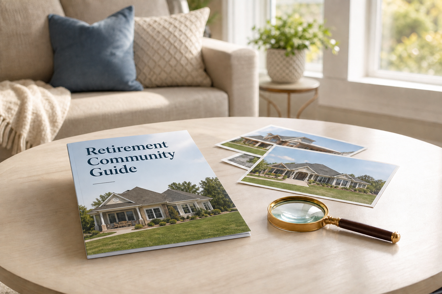 Retirement community guide with residential home photos and a magnifying glass, illustrating online research and comparison of retirement communities by location, amenities, and lifestyle.