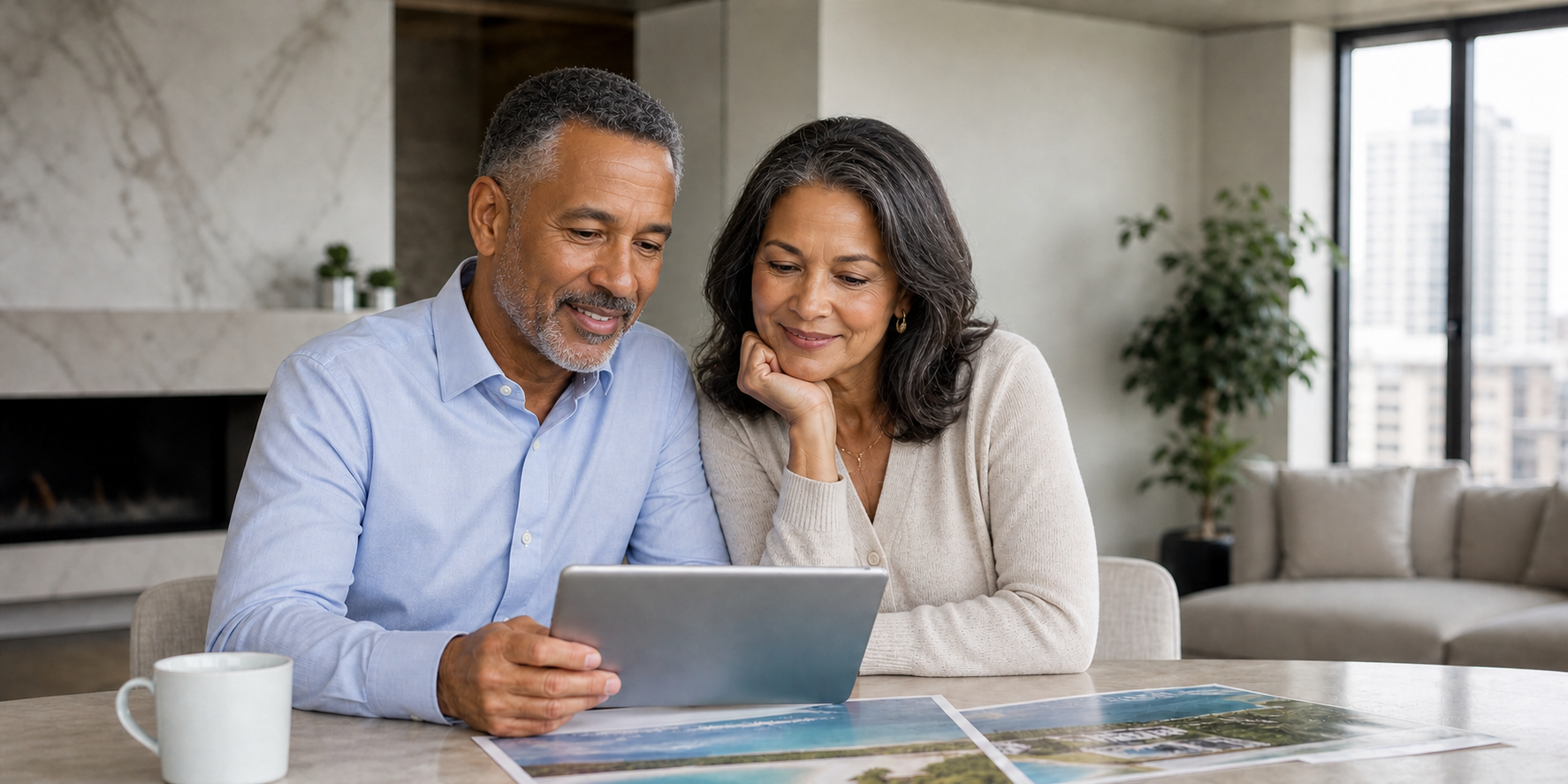 Couple researching retirement community search tools together on a laptop to compare relocation destinations and find the right place to live.