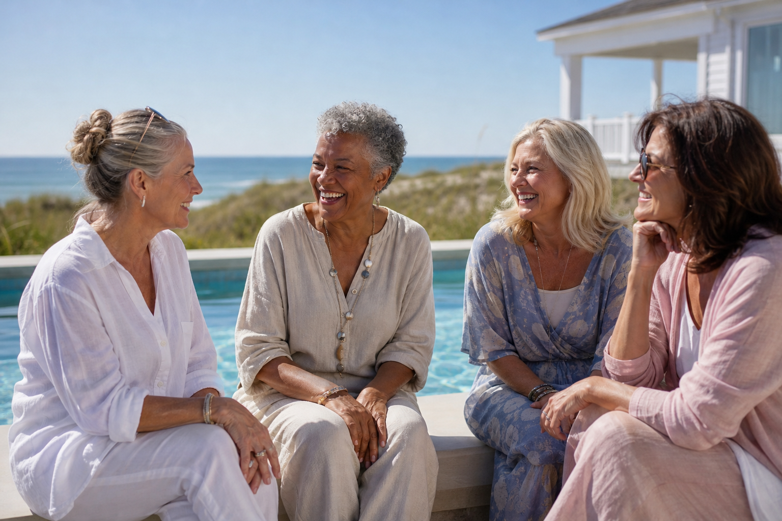 Group of women relaxing and socializing beside a swimming pool overlooking the North Carolina coast, highlighting the coastal lifestyle and amenities of a residential community.