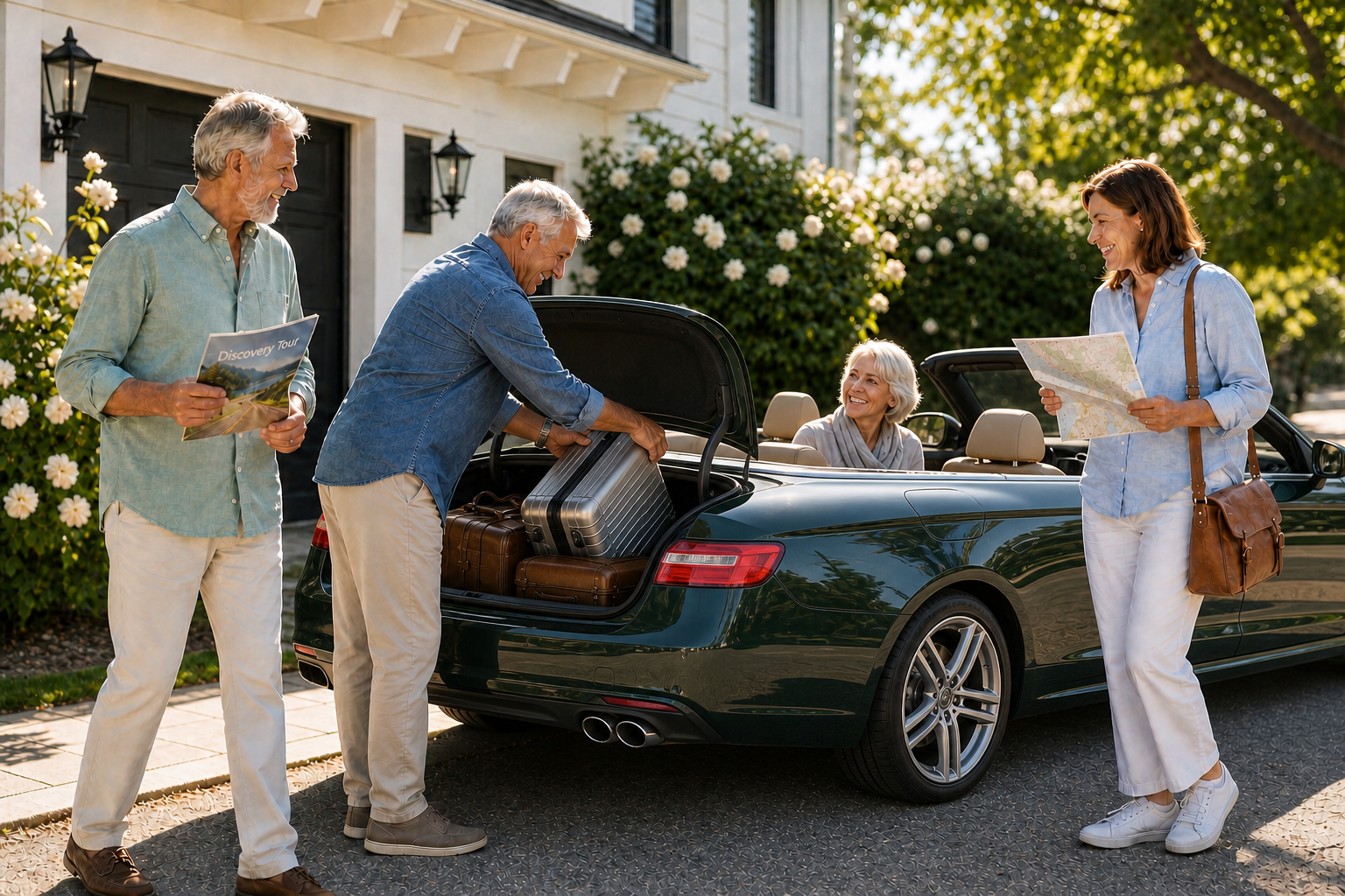 Adults preparing for a relocation discovery trip, reviewing maps and community brochures while loading luggage into a convertible outside a residential home.