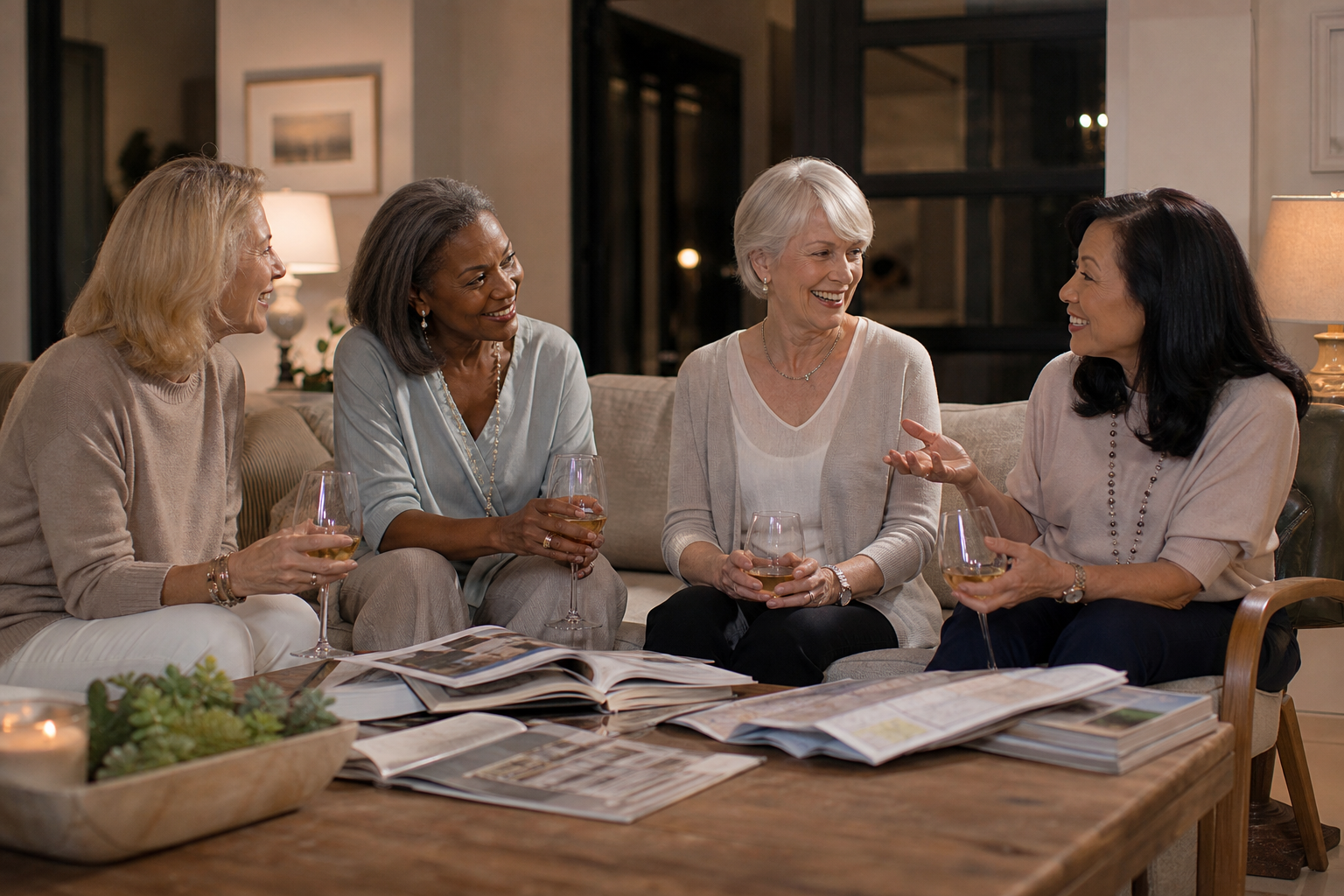 Four women enjoying a conversation while reviewing lifestyle and relocation magazines, exploring retirement communities and planning their next move.