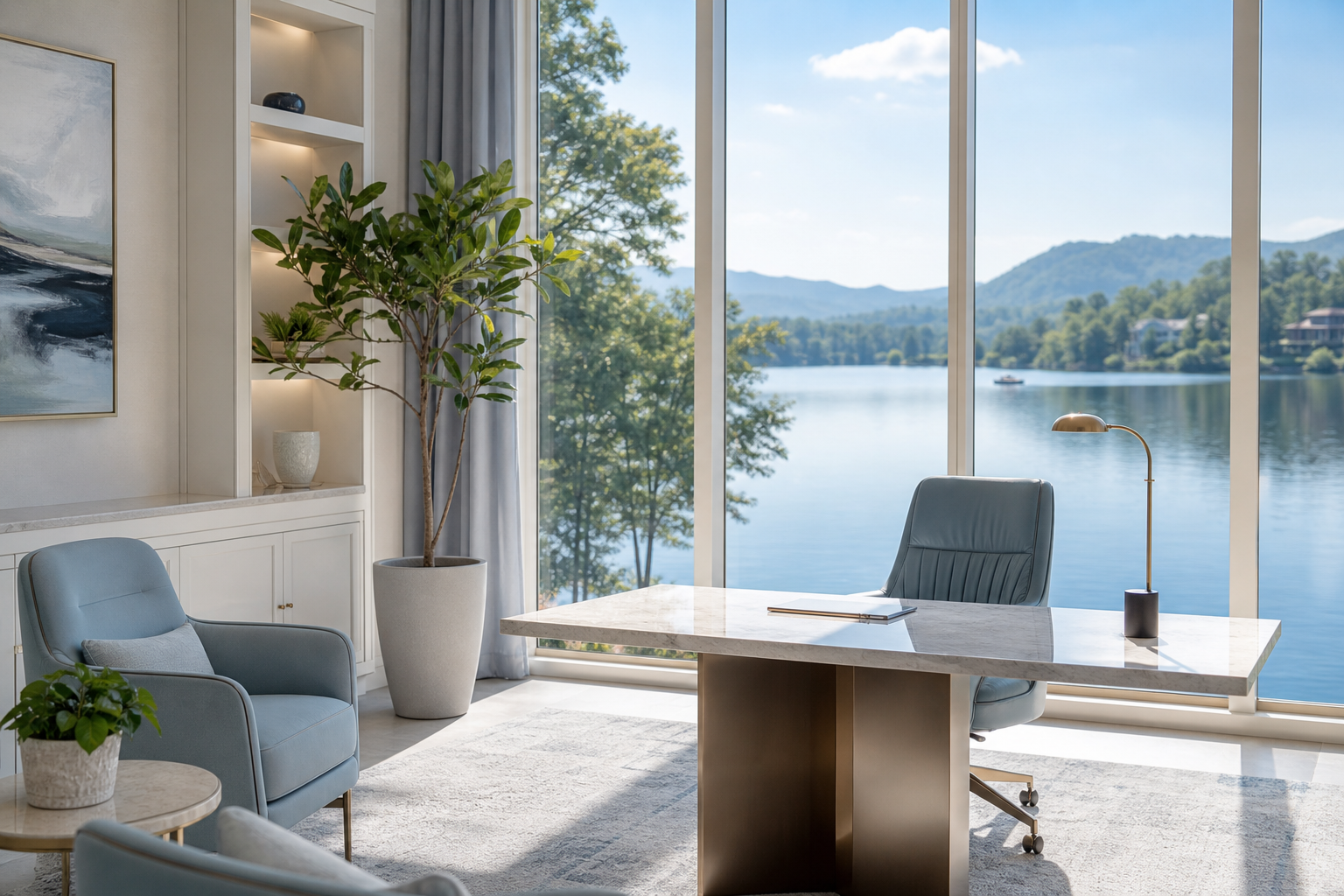 Home office overlooking a serene lake setting