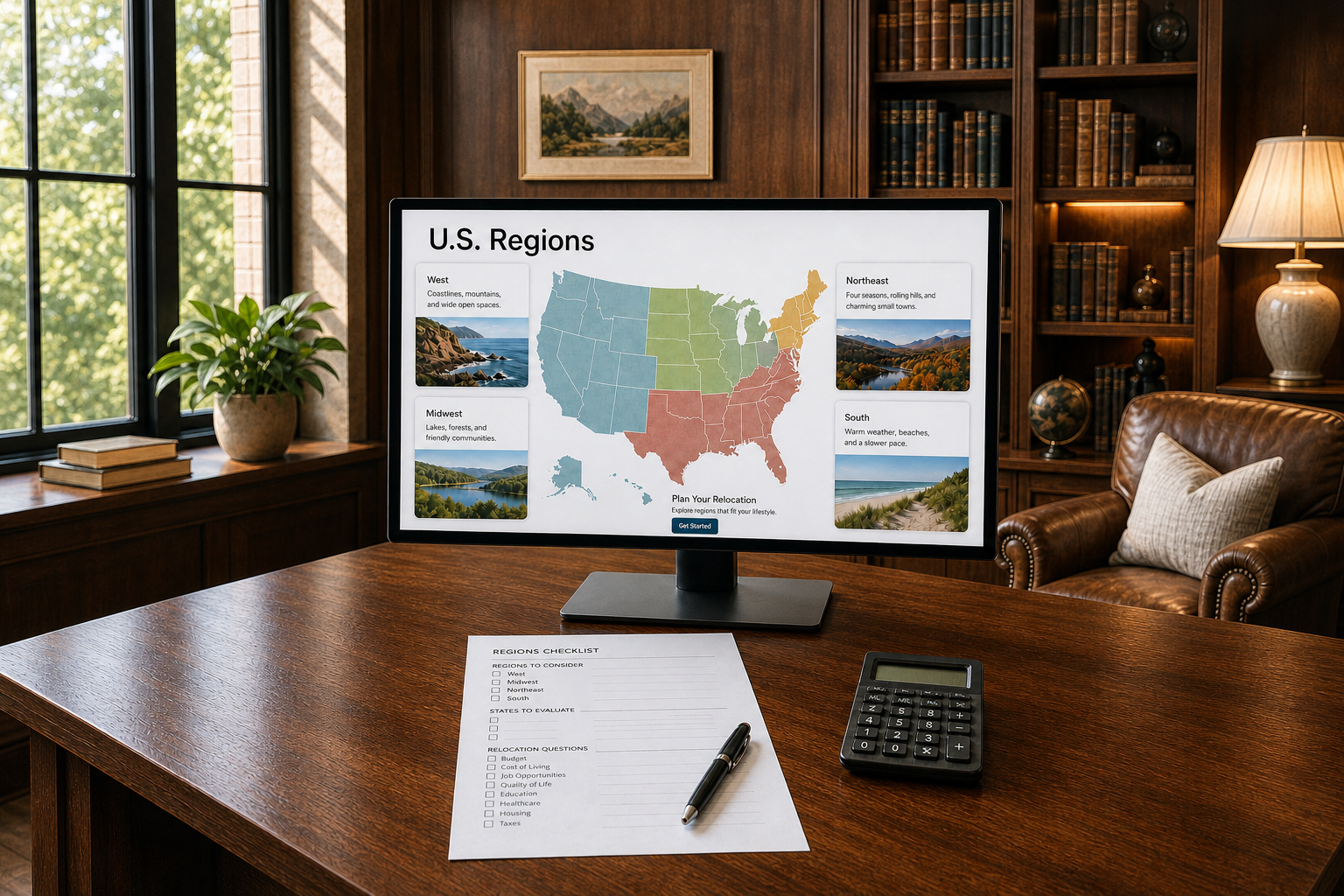 Computer displaying a U.S. regional comparison map, with a relocation planning checklist and calculator for researching housing costs, healthcare access, and lifestyle options across the United States.