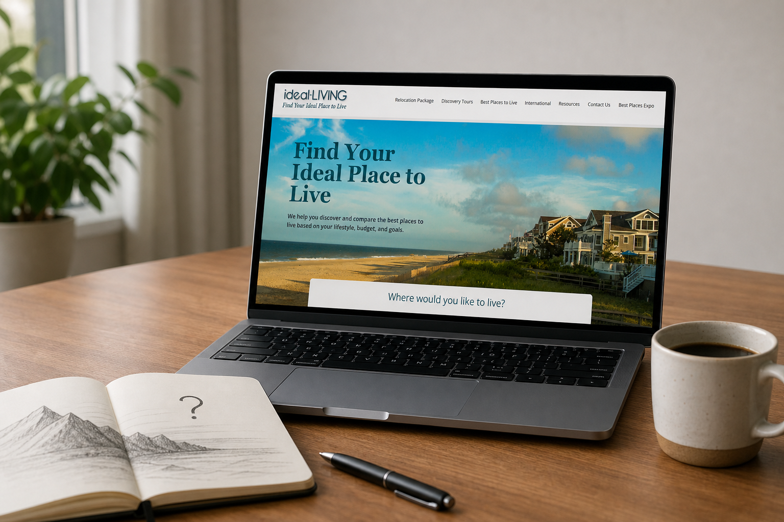 Laptop displaying ideal-LIVING's relocation website with coastal homes, illustrating online research and comparison of coastal and mountain communities.