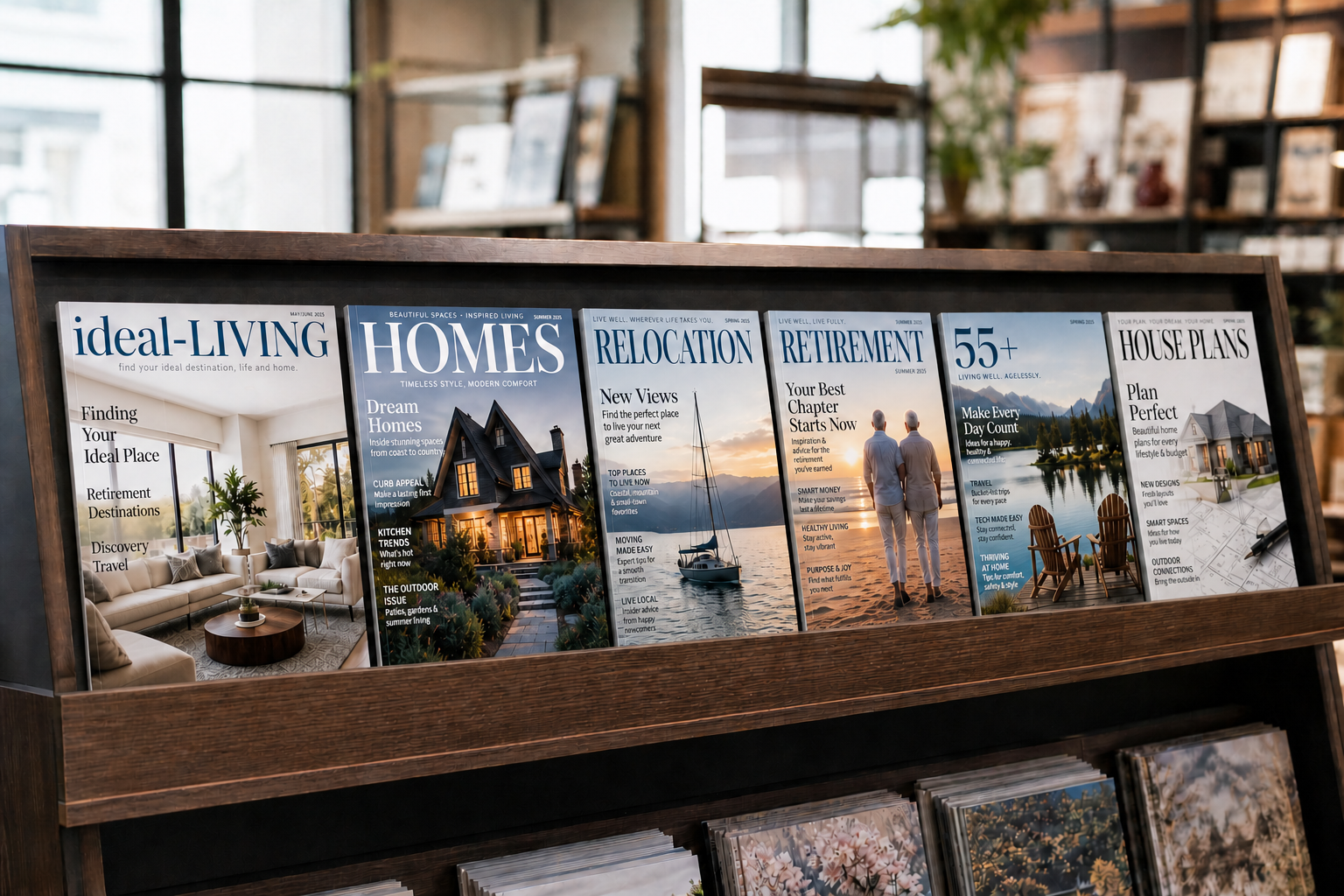 Magazine display featuring ideal-LIVING, home design, relocation, retirement, and 55+ lifestyle publications to help readers explore quality-of-life moves and remote work destinations.