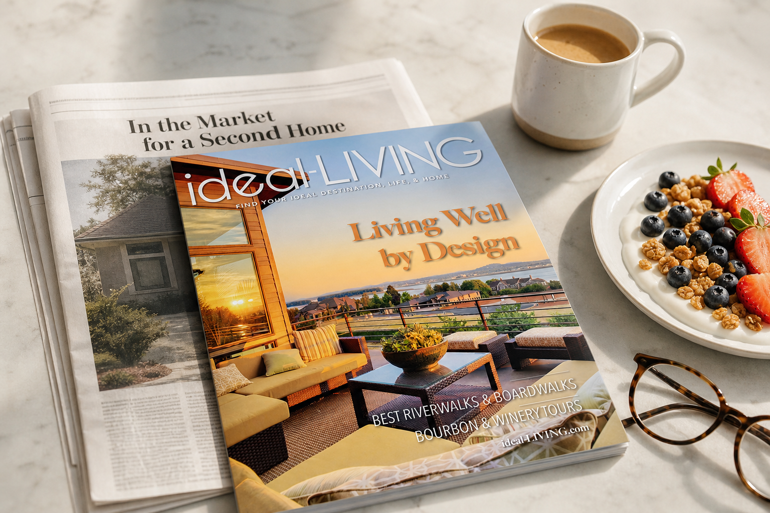ideal-LIVING Magazine featuring lifestyle destinations and second-home inspiration, displayed with a newspaper article about second homes, coffee, and breakfast.