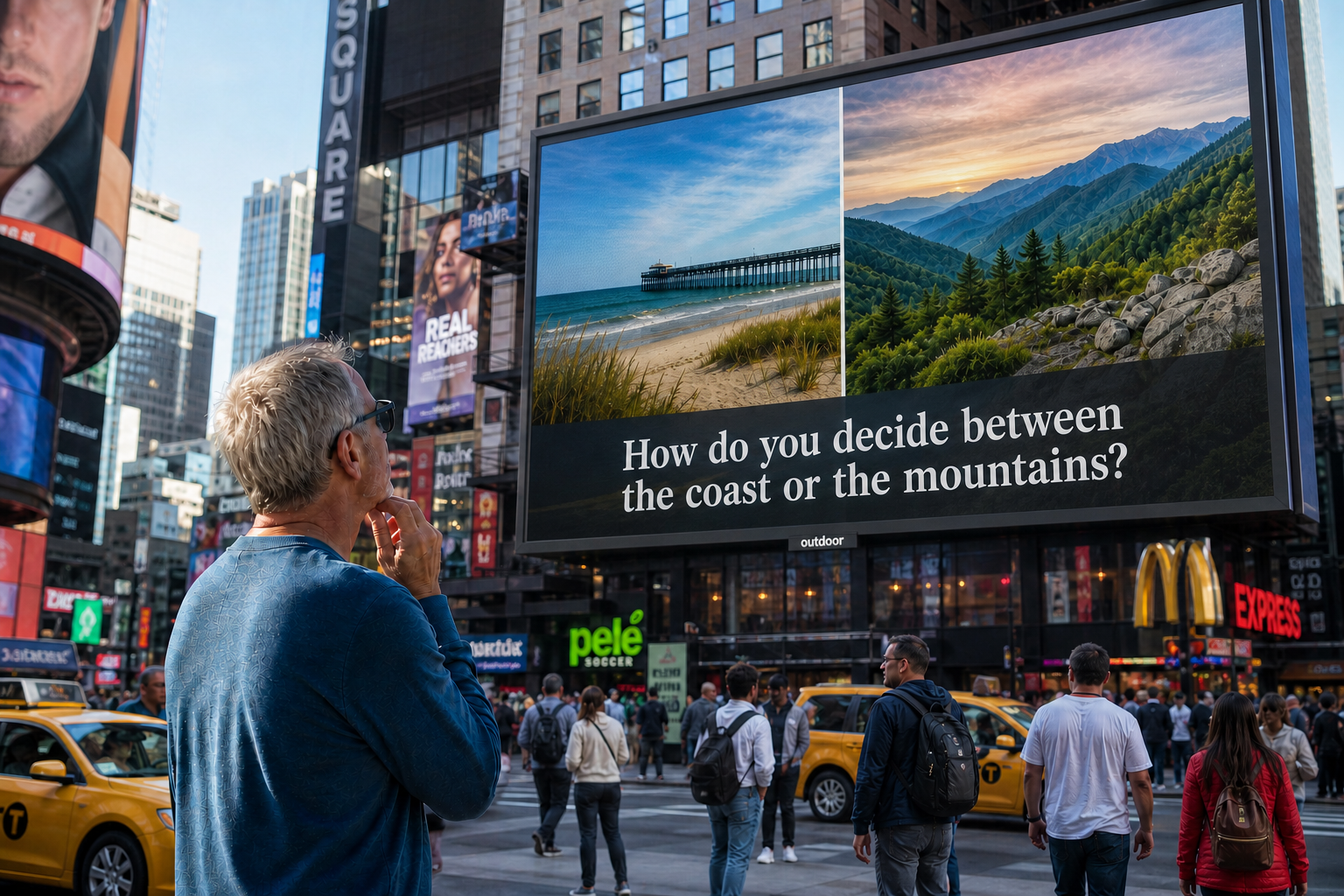 Second-home buyer comparing coastal beaches and mountain landscapes on a large billboard, exploring lifestyle destinations and vacation home options.