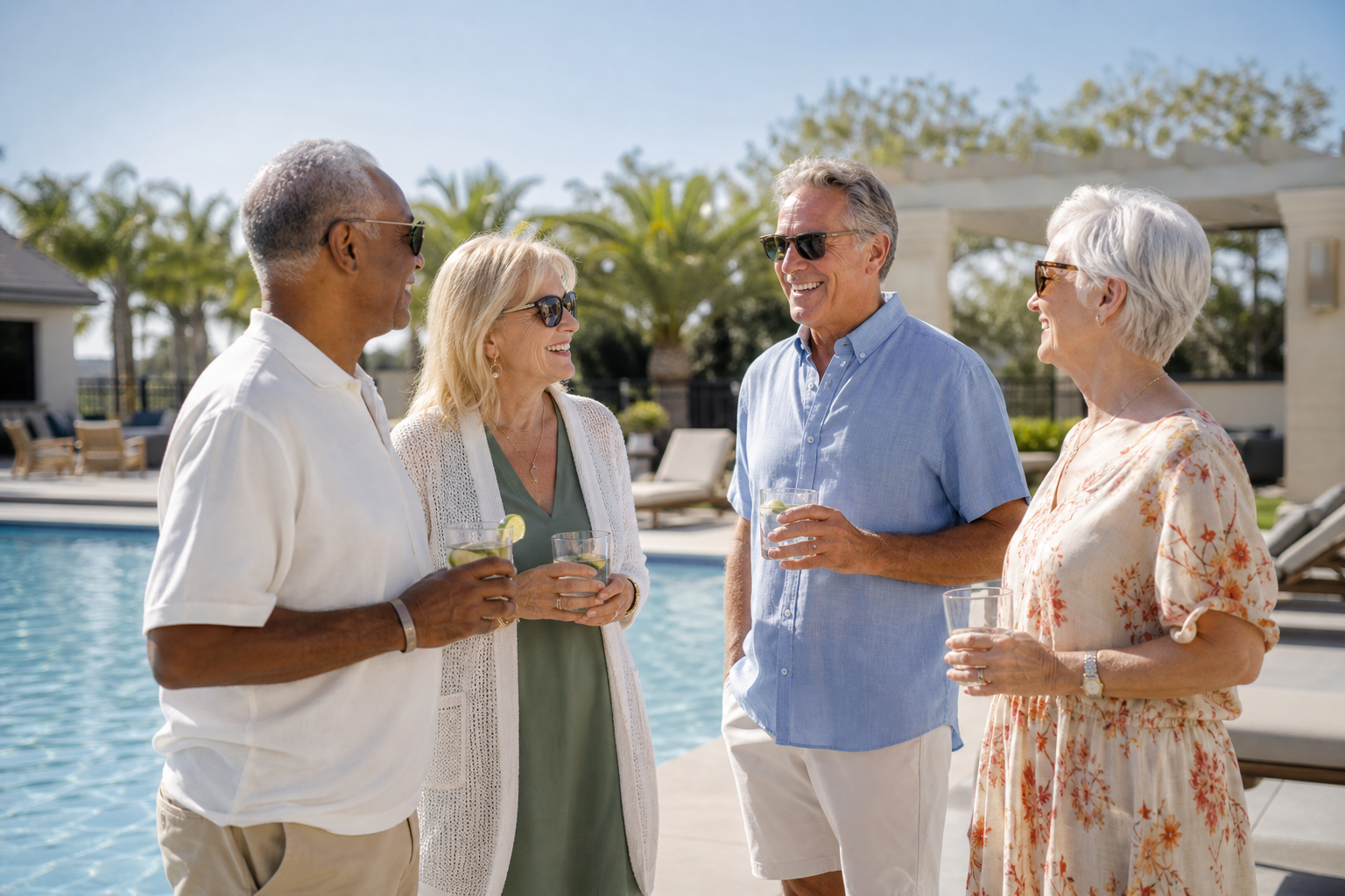 Friends age 55 and older enjoying time together by the pool in an active adult community.