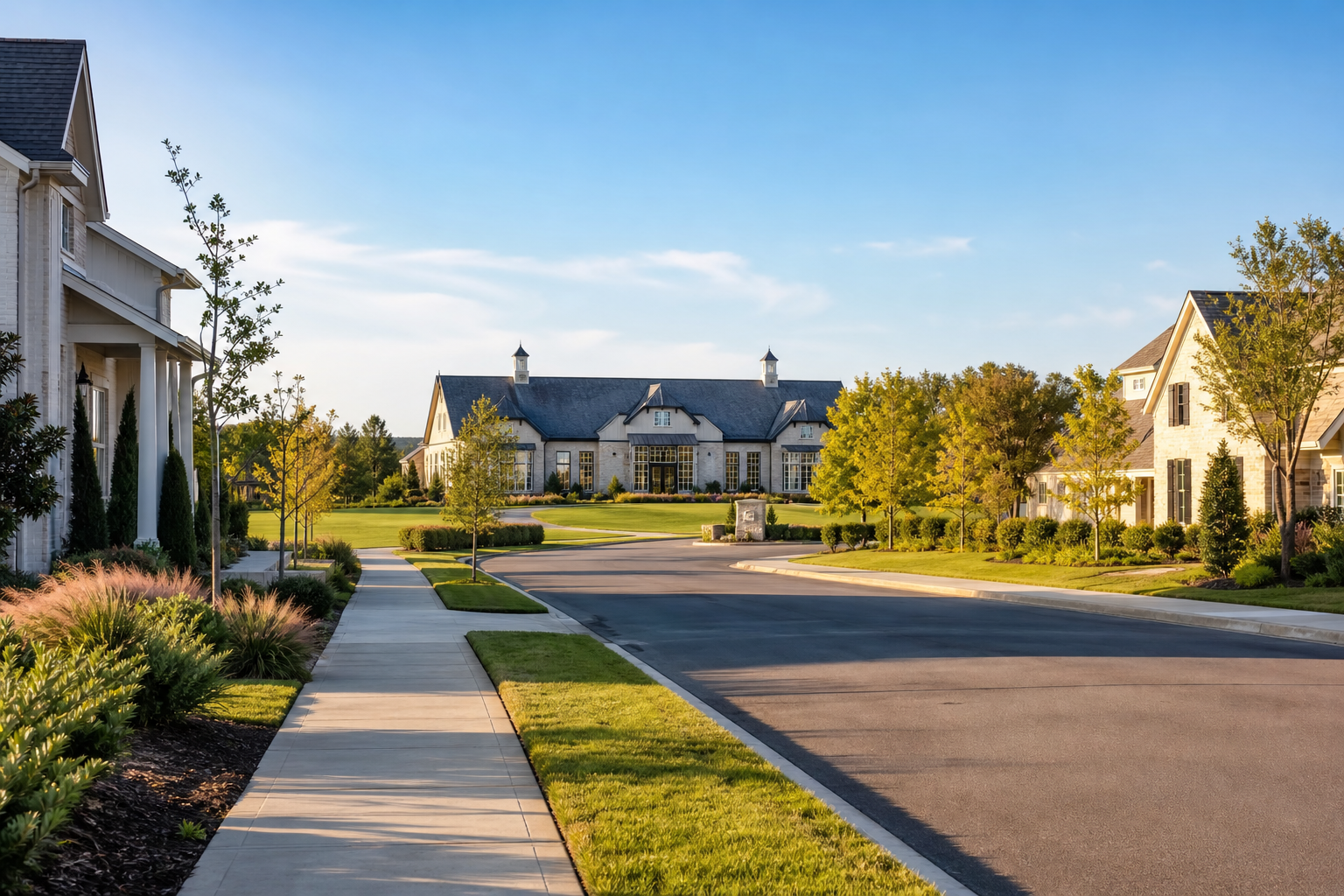 Beautifully landscaped retirement community with elegant homes, tree-lined sidewalks, and a clubhouse, highlighting lifestyle amenities in a master-planned neighborhood.