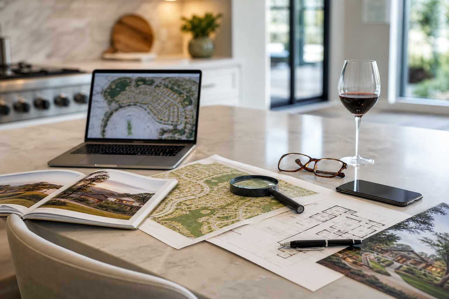 Laptop displaying a residential community map alongside neighborhood plans and relocation materials for researching lifestyle communities online.