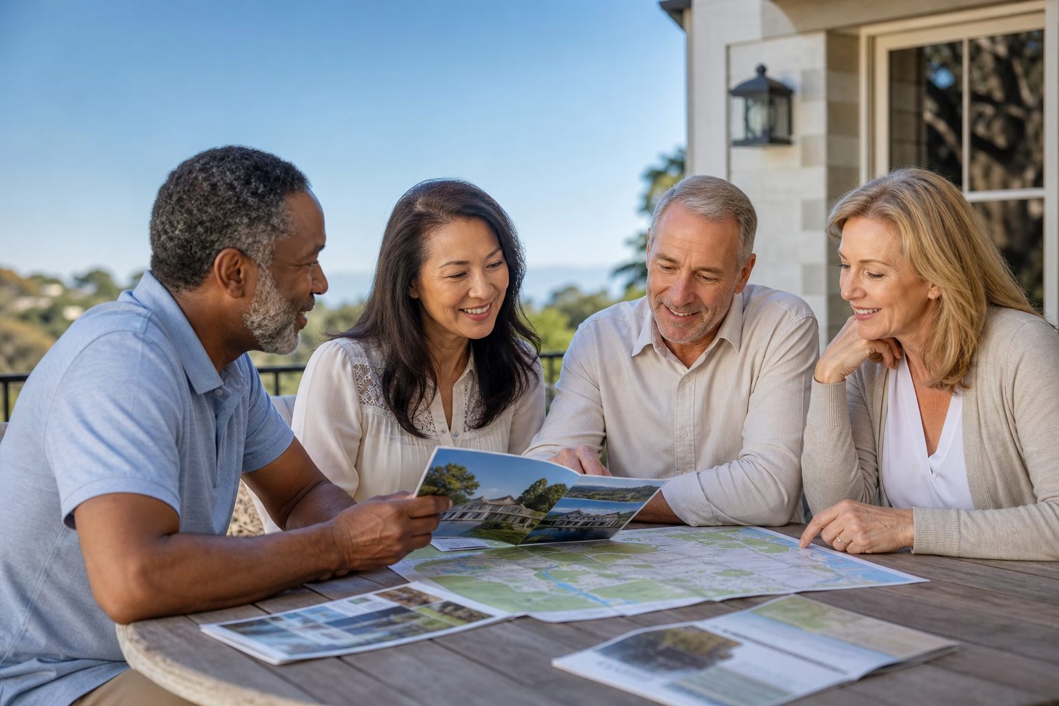 Friends 55 and older reviewing community photos and a map while planning where to move or retire together.