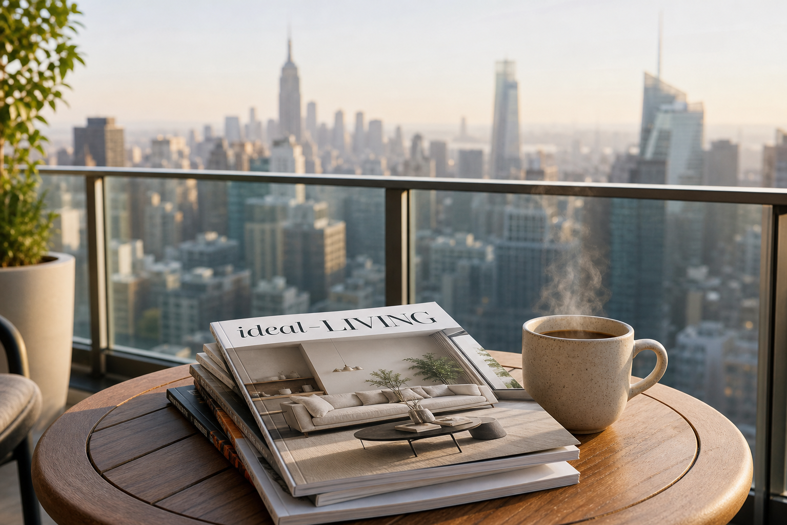 ideal-LIVING Magazine displayed with a cup of coffee on a balcony overlooking the New York City skyline, highlighting lifestyle and relocation planning resources.