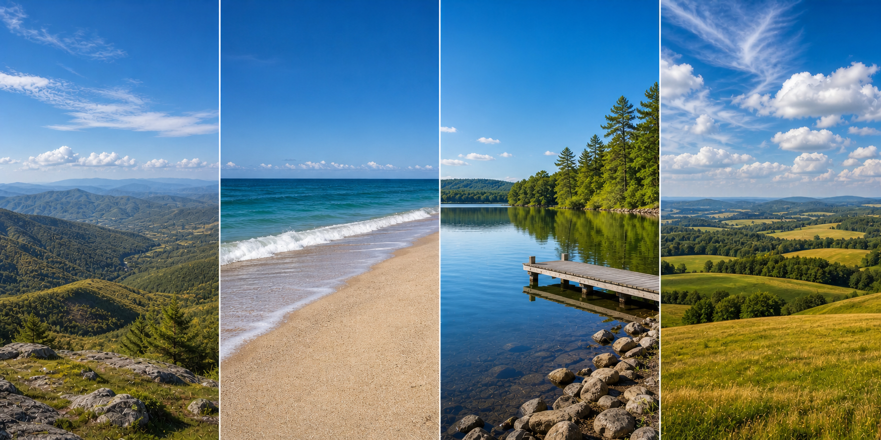 Collage of U.S. regional landscapes featuring scenic mountains, a sandy ocean beach, a peaceful lake with a dock, and rolling green countryside for comparing relocation destinations and outdoor lifestyles.