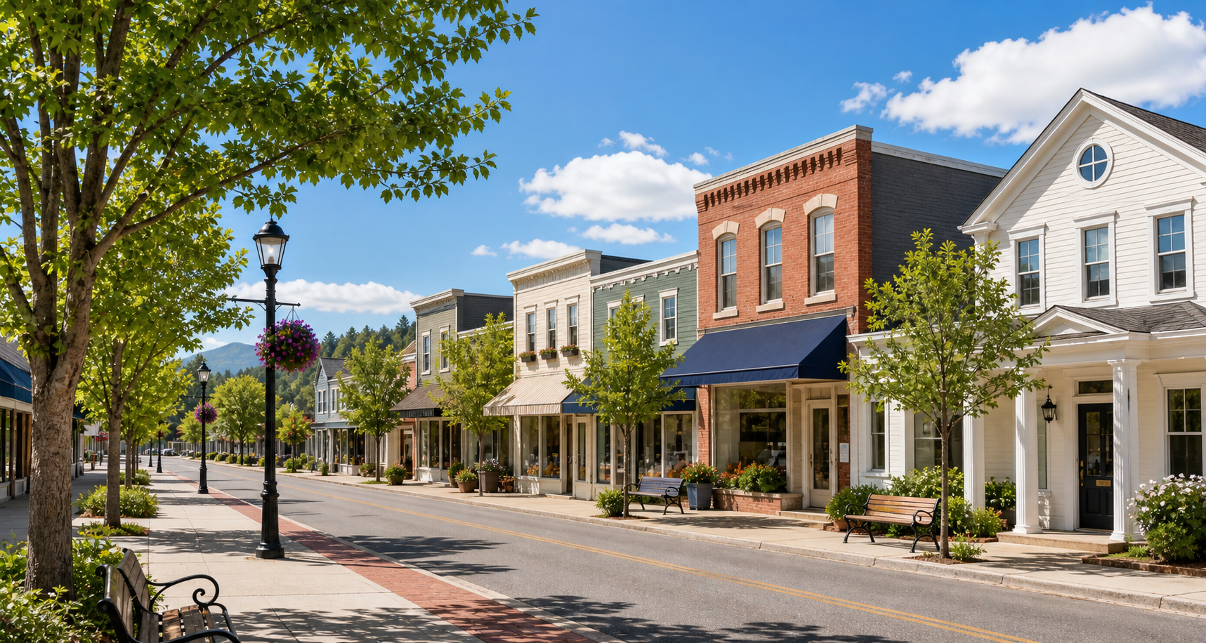 Walkable coastal town center with shops and everyday services, illustrating important considerations when comparing retirement destinations.