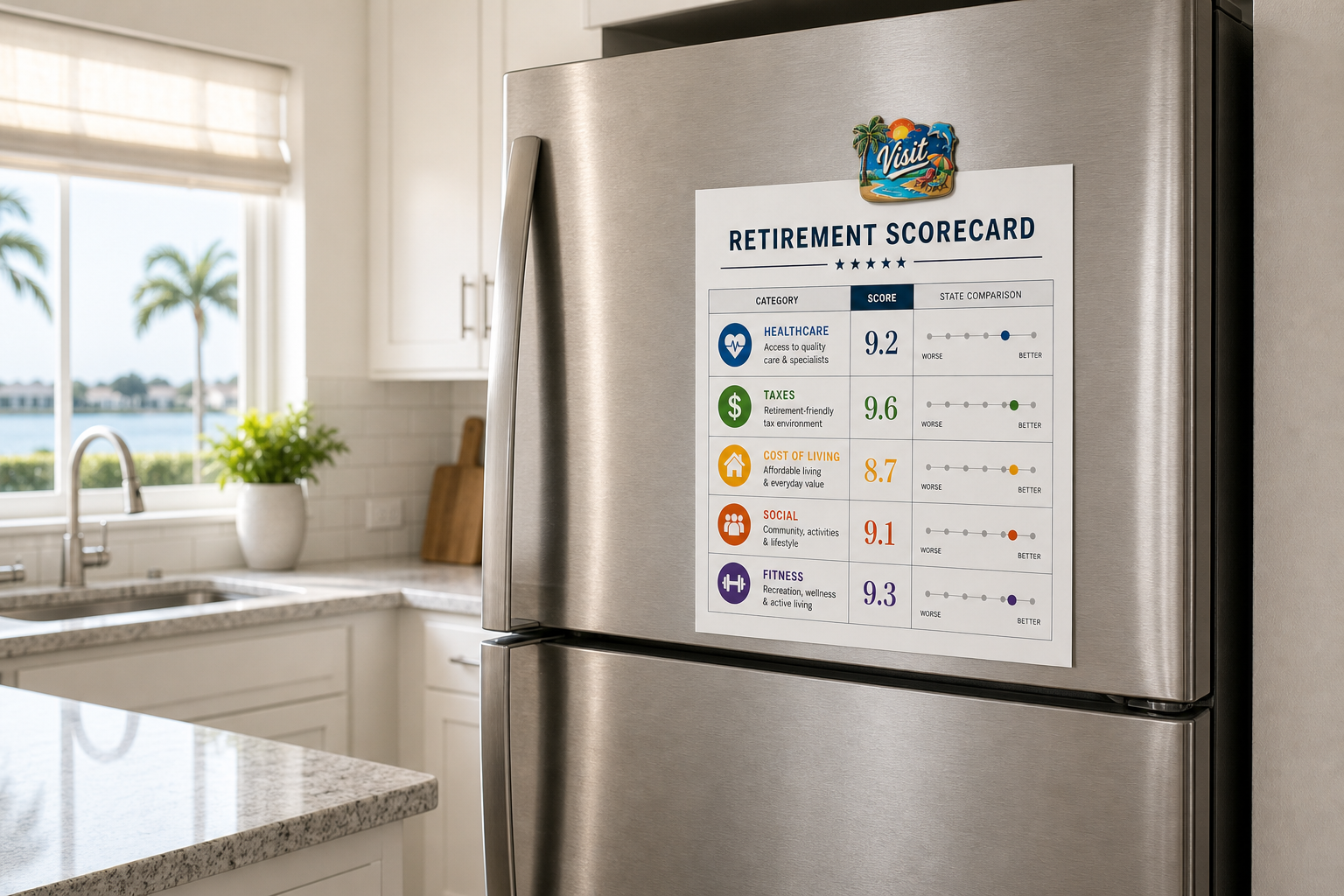 Retirement relocation scorecard comparing healthcare access, taxes, cost of living, social activities, and fitness to help retirees evaluate retirement-friendly states and communities.