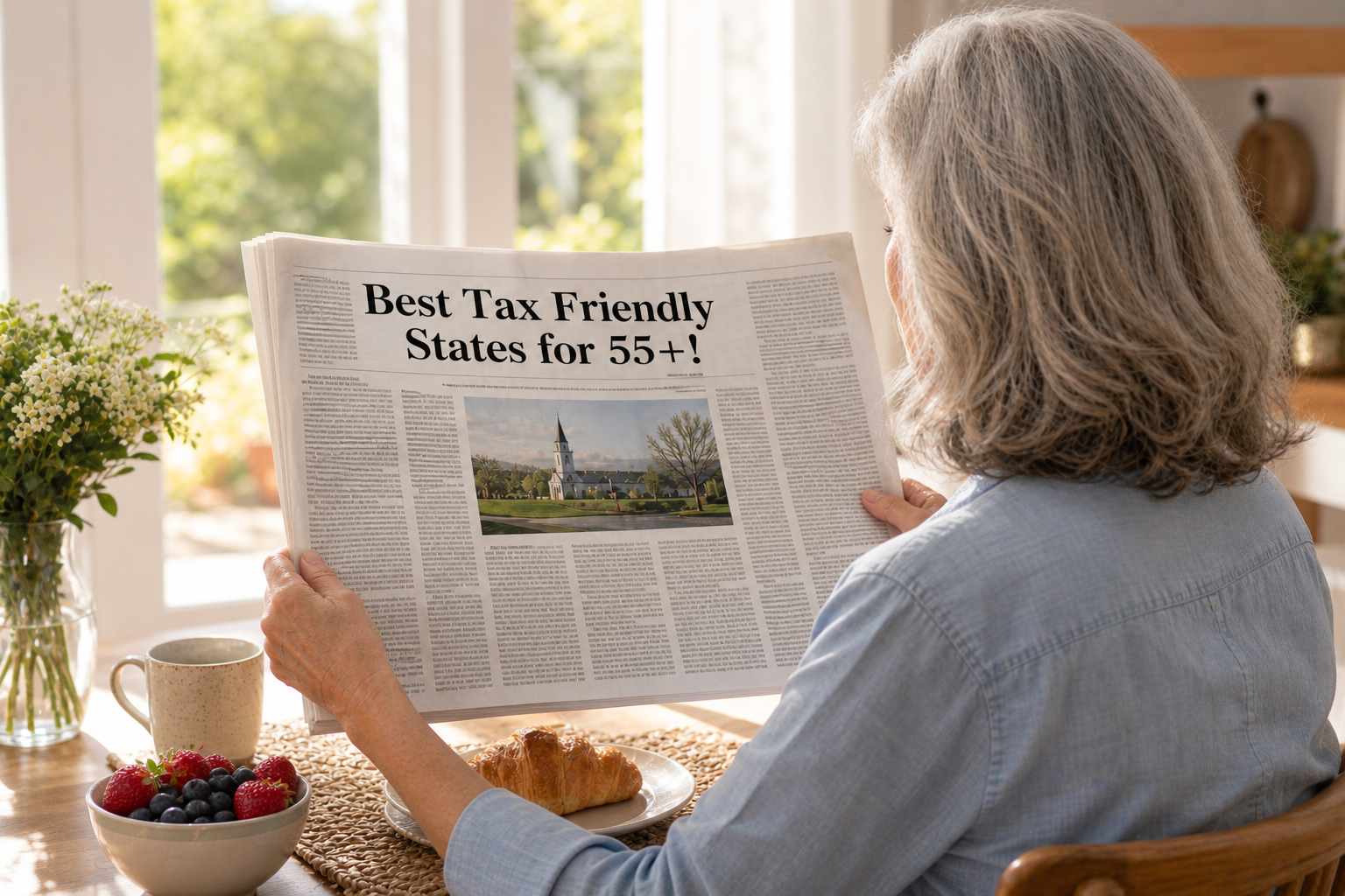 Older woman reading an article titled “Best Tax Friendly States for 55+,” highlighting retirement tax planning and relocation research.