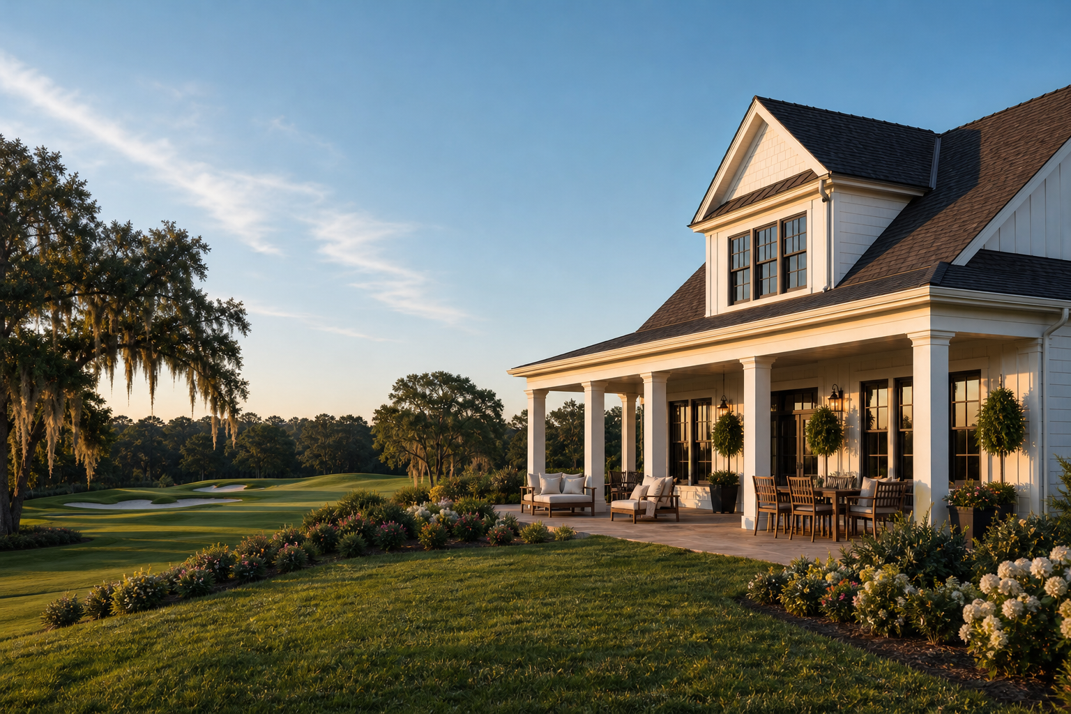 Luxury second home overlooking a scenic golf course, featuring a spacious covered patio, landscaped gardens, and resort-style amenities for lifestyle-focused buyers.