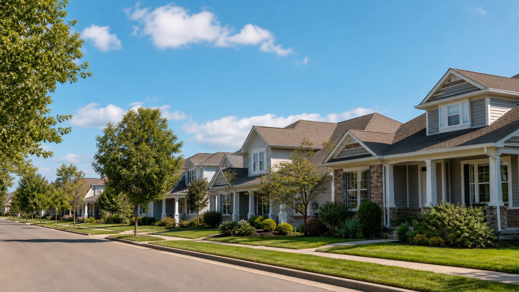 Row of attractive homes in a landscaped residential neighborhood, showcasing housing options and community living for adults comparing 55+ retirement communities.
