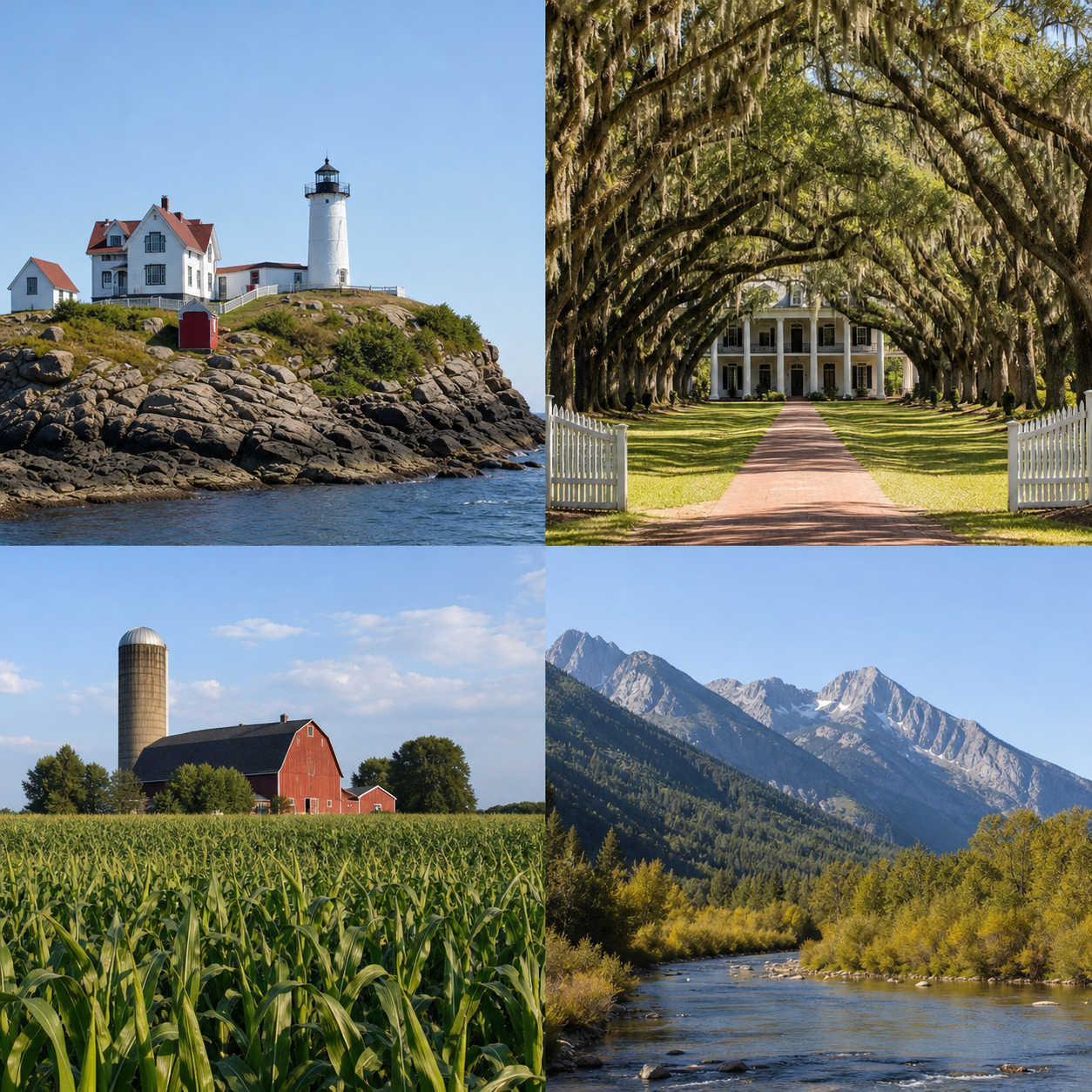 Collage of coastal, suburban, rural, and mountain landscapes illustrating U.S. regional relocation comparisons and second-home destinations.