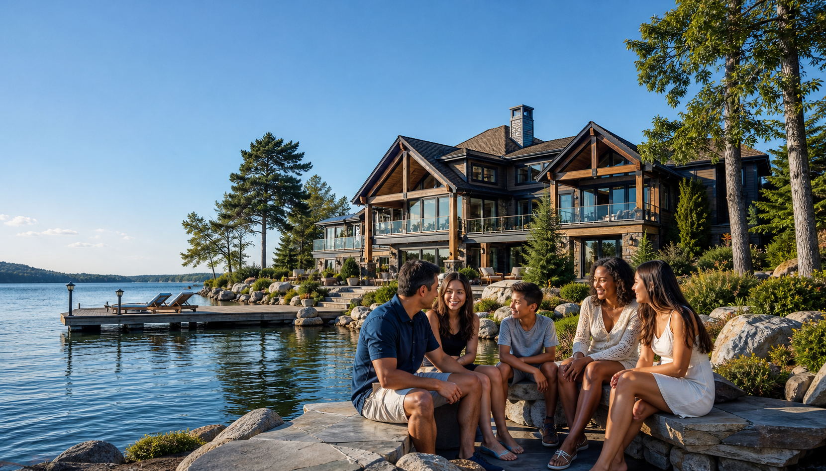 Family gathering outside a luxury lakefront second home with a private dock, highlighting family-friendly second-home destinations and waterfront living.