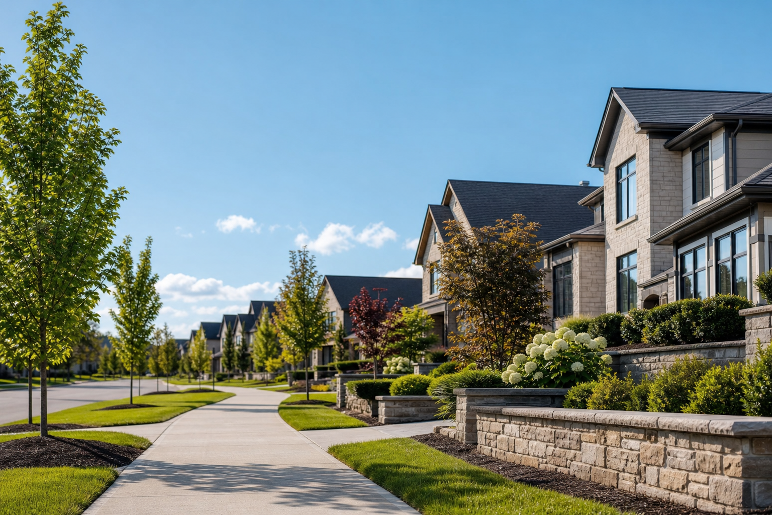 Landscaped residential community featuring modern homes, tree-lined sidewalks, and walkable streets for buyers researching lifestyle communities online.