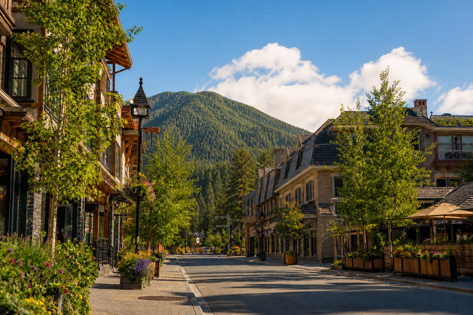 Scenic mountain community with charming shops, landscaped walkways, and forested mountain views, showcasing the lifestyle appeal of mountain second-home living.