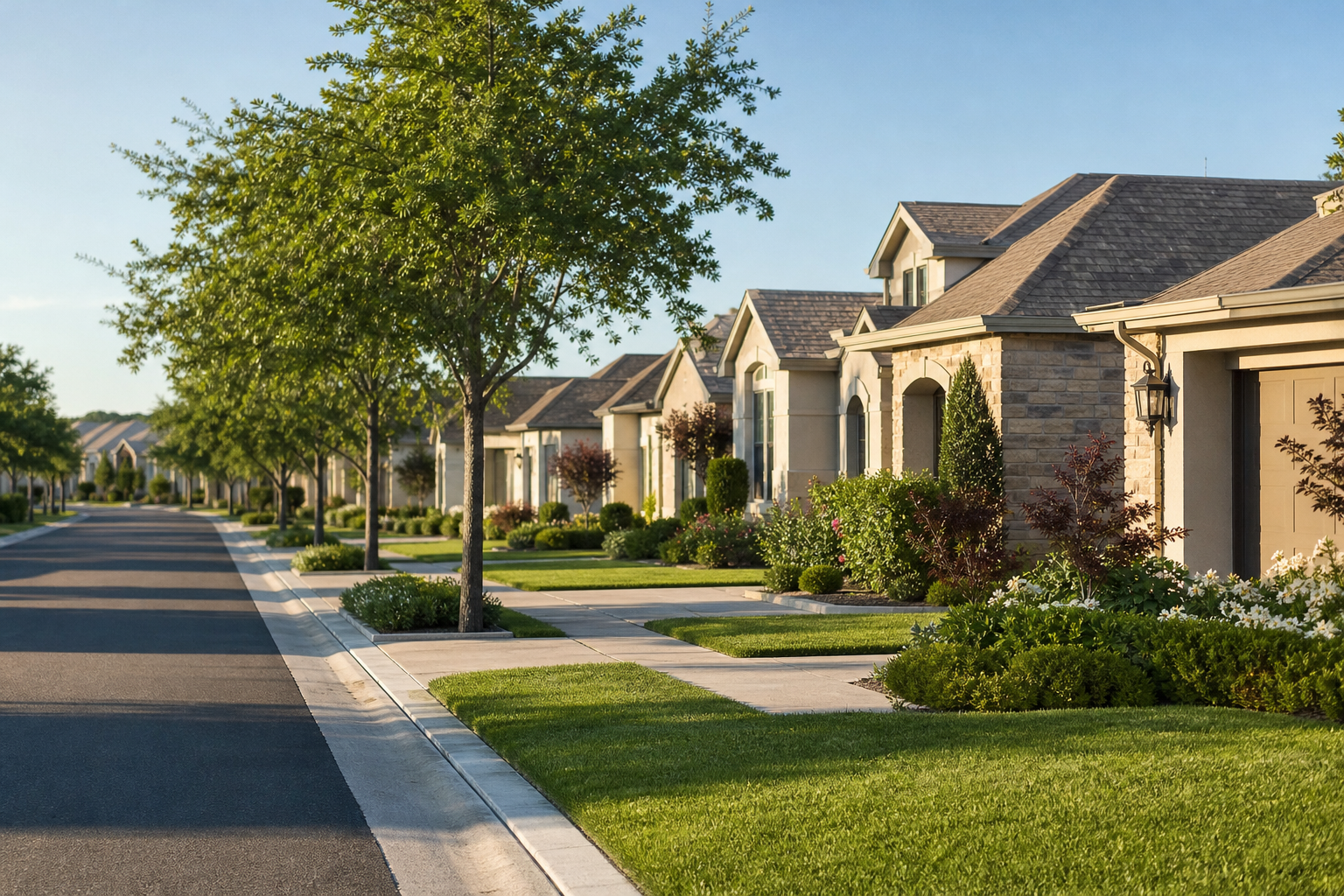 Beautifully landscaped retirement community with elegant homes, tree-lined streets, and walking sidewalks, highlighting residential lifestyle options for retirement relocation.