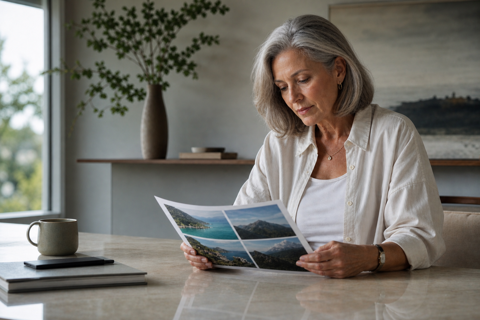 Woman comparing coastal and mountain destinations to decide on the ideal location for a second home or lifestyle relocation.