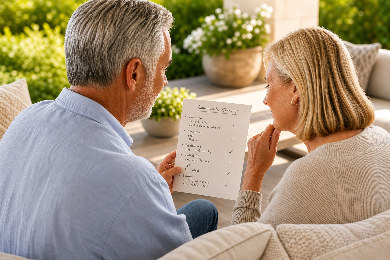 Mature couple reviewing a retirement community comparison checklist covering healthcare access, amenities, walkability, housing costs, and lifestyle preferences.